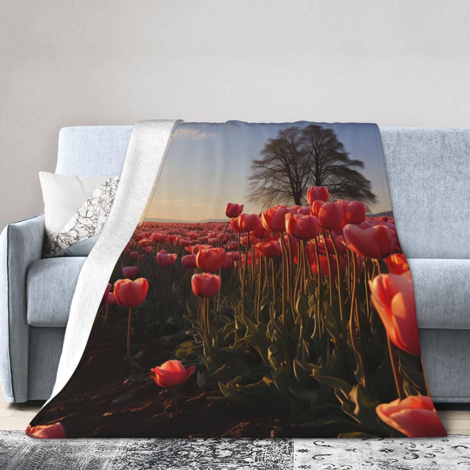 Couverture de lit en flanelle réversible motif tulipes 203x152 cm pour canapé