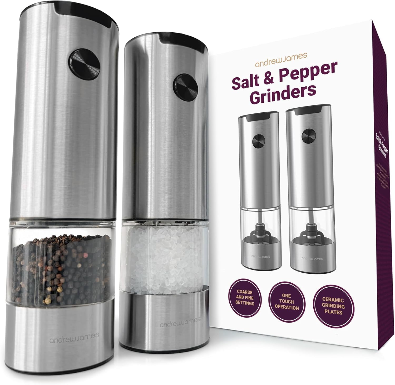 Andrew James Salt and Pepper Mills Electric Grinder Set Stainless Steel Illuminated Dispenser Adjustable Coarseness Ceramic Blades, One Touch Operation, Battery Power, 17.5cm x 5cm (Stainless Steel) — image 1