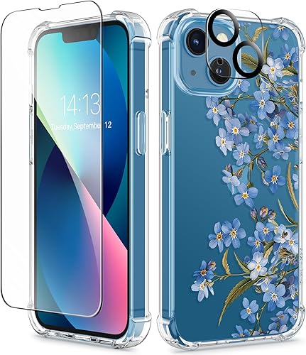 GVIEWIN Funda diseñada para iPhone 13 de 6.1 pulgadas, con protector de pantalla de vidrio templado + protector de lente de cámara, flor