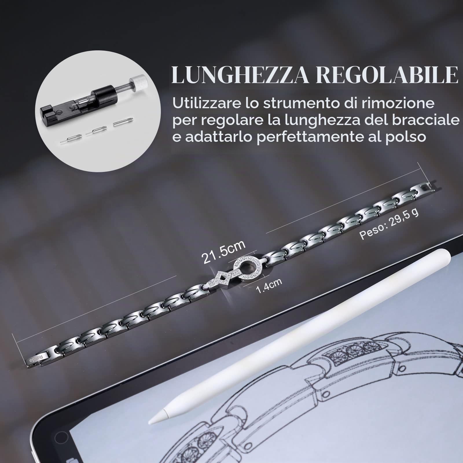 Rainso Bracciale Donna Magnetico,Bracciale in acciaio inossidabile per le donne,Magneti da 3.800 Gauss，Regolabile con Strumento di Rimozione (argento)