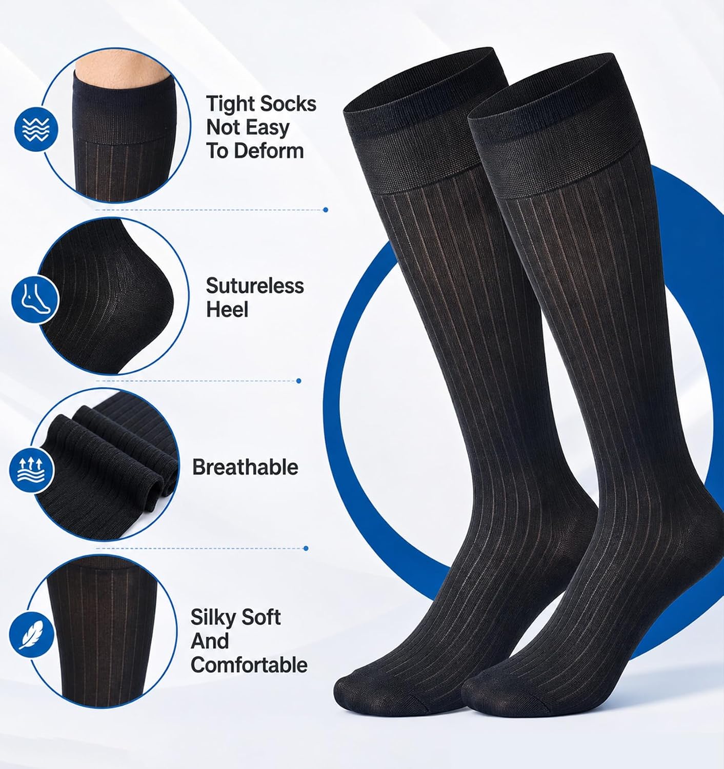 3 Pair Thin Dress Socks Men, Silk Stockings For Dress Shoes (Black, Blue)