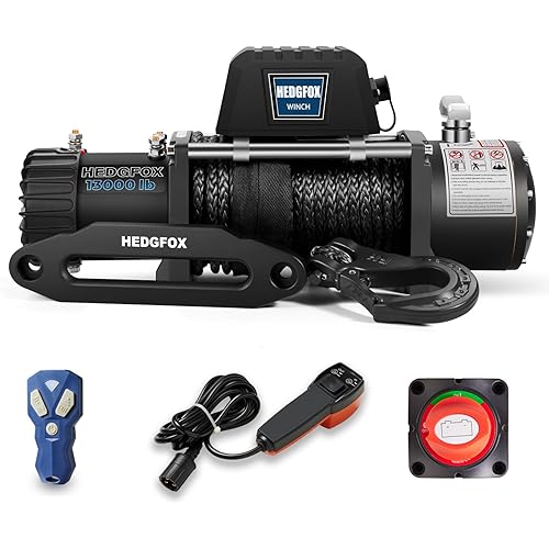 12V 13000lb Winch Synthetic Rope Electric Power Winch Waterproof IP66 with Wireless Remote and Handheld Corded Switch for Truck SUV Pickup Trailer Offroad Recovery Equipment