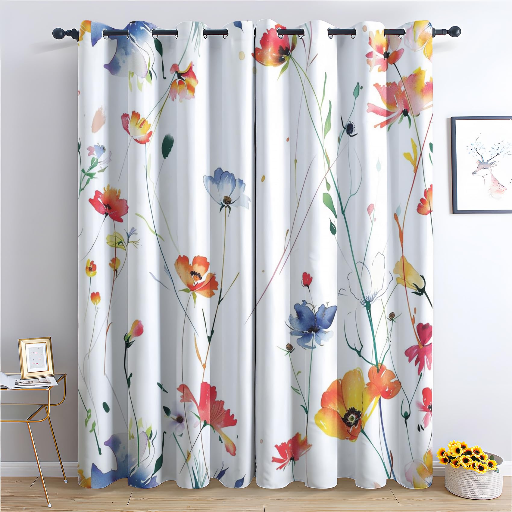 Rideau Occultant Aquarelle Fleur, Rideaux Thermiques à Oeillets pour Chambre, Motif Plante Floral Rideaux Salon, Moderne Lot de 2 Décoration de Fenêtre Rideaux 140x160cm LxH (Wx-&91)
