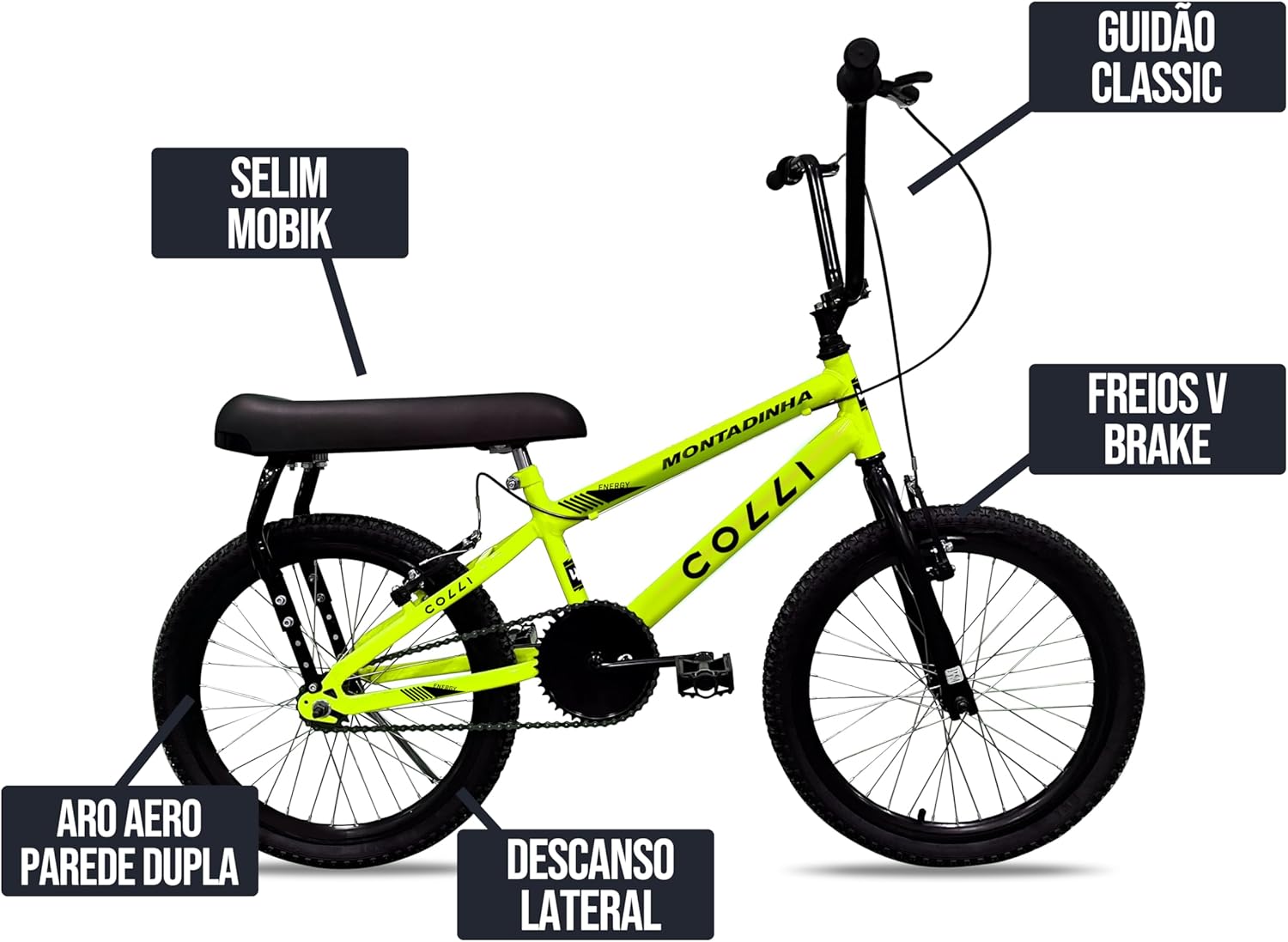 Bicicleta vista lateral com fundo branco.