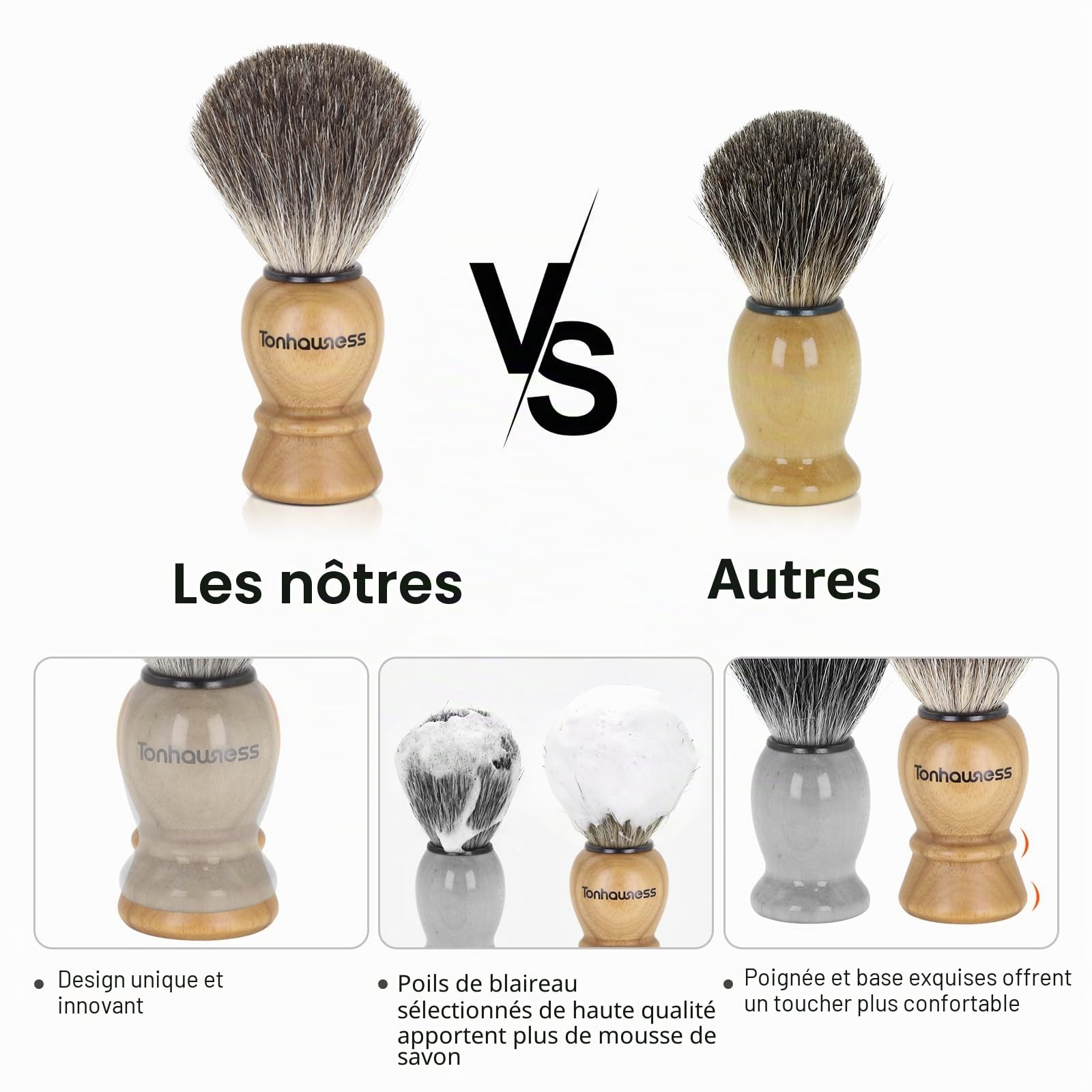 Blaireau de rasage en poils de blaireau avec manche en bois, savon de rasage au lait de chèvre, base à double anneau en acier inoxydable et bol de rasage à 3 couches pour homme (bois avec poils de