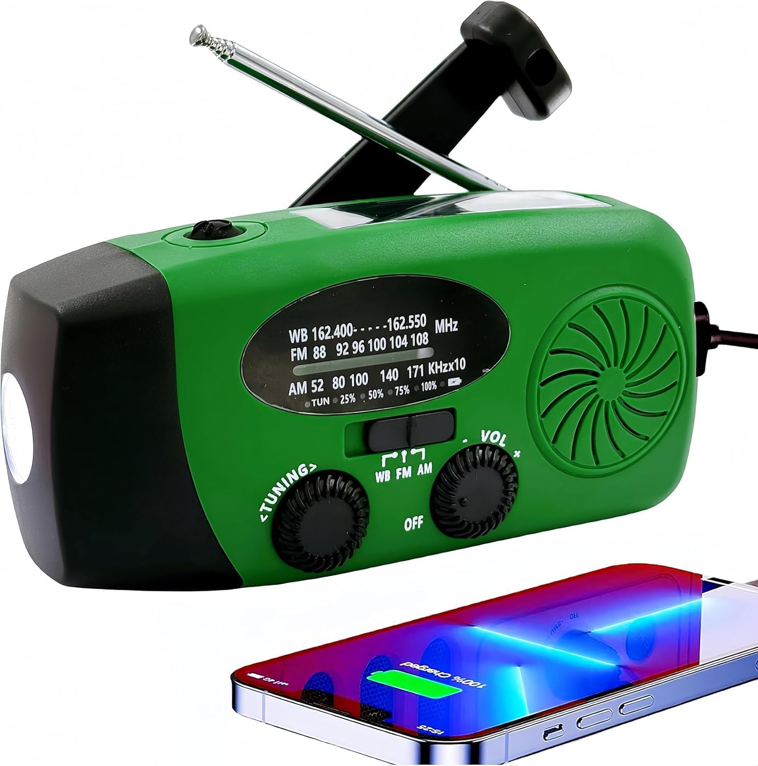 iRonsnow Solar Emergency Hand Crank Weather Radio, Portable Self Powered NOAA AM/FM Radios with SOS Alarm LED Flashlight 5000mAh Smart Phone USB Charger for Camping (Green)