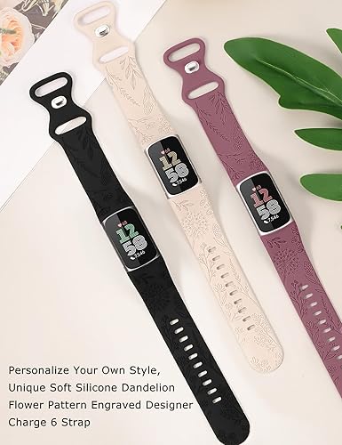 Miniatura 2 de Minyee Paquete de 3 bandas grabadas florales compatibles con Fitbit Charge 6 bandasFitbit Charge 5 bandas para mujer, lindo diseño de flores de