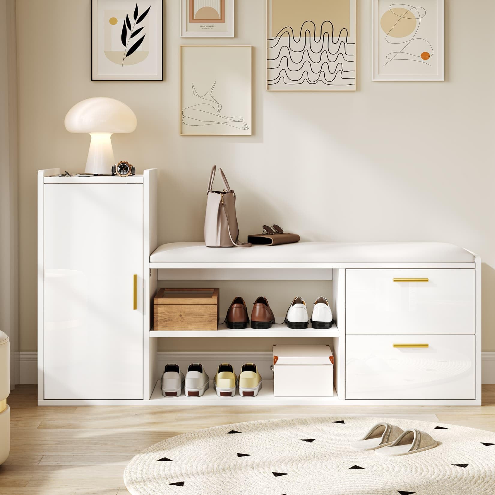 EURHCIO Meuble à Chaussures Mince 30x128x68cm,Rangement Chaussure avec Banc Rembourré,2 Tiroirs,Armoire,Étagères Ouvertes à Deux Niveaux,pour Entrée Salon