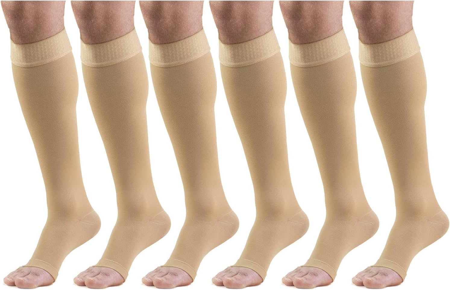20-30 mmHg Compression Stockings for Men and Women, Knee High Length, Dot-Top, Open Toe Beige 2X-Large (6 Pairs)
