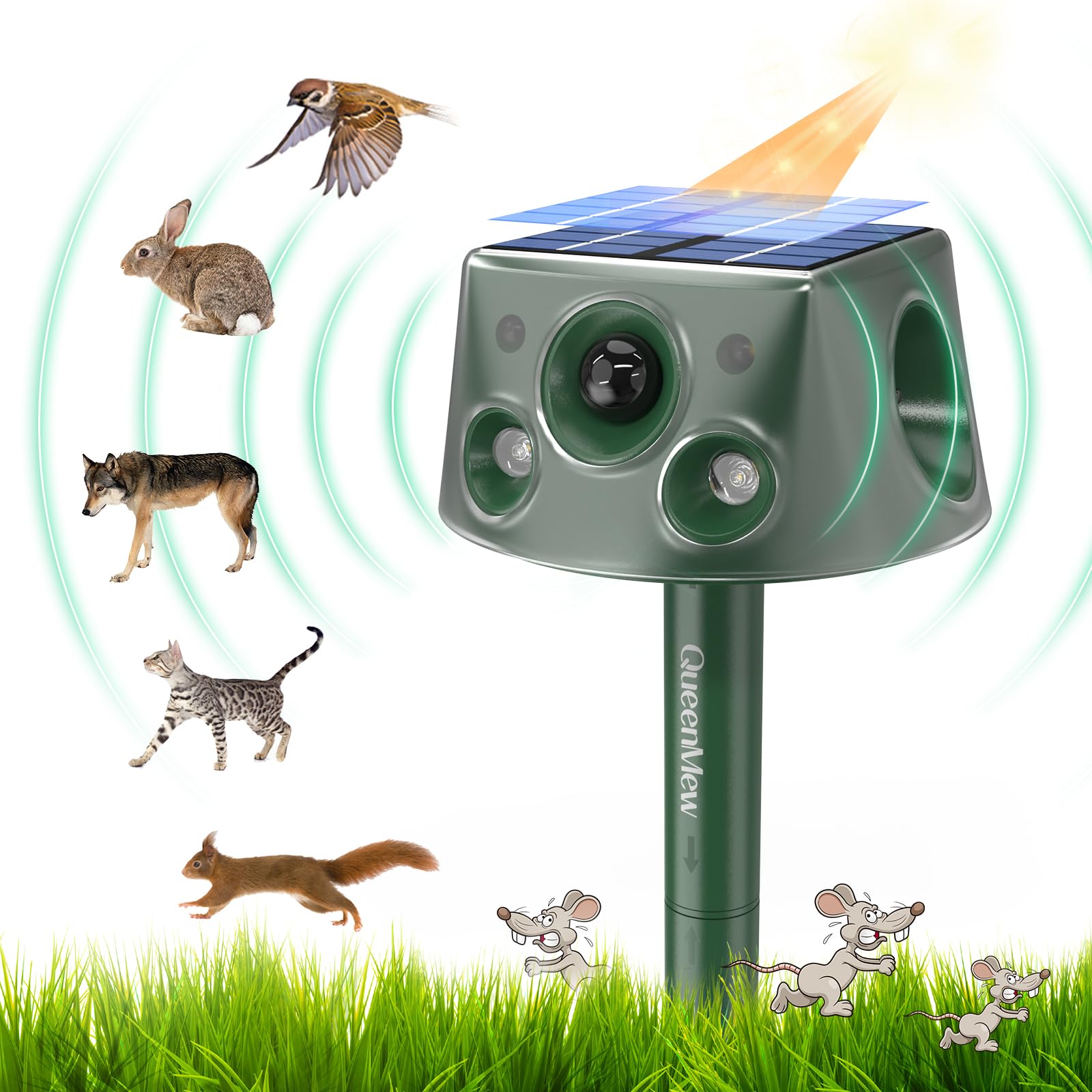 Répulsif Chat Ultrason, Repulsif Pigeon Ultrason Solaire, 3 Modes Repulsif Anti Chat Exterieur, 32ft Muet Repulsif Oiseaux Charge de Solaire USB, pour Jardin, Chats, Pigeon, Lapin, Oiseaux, Souris