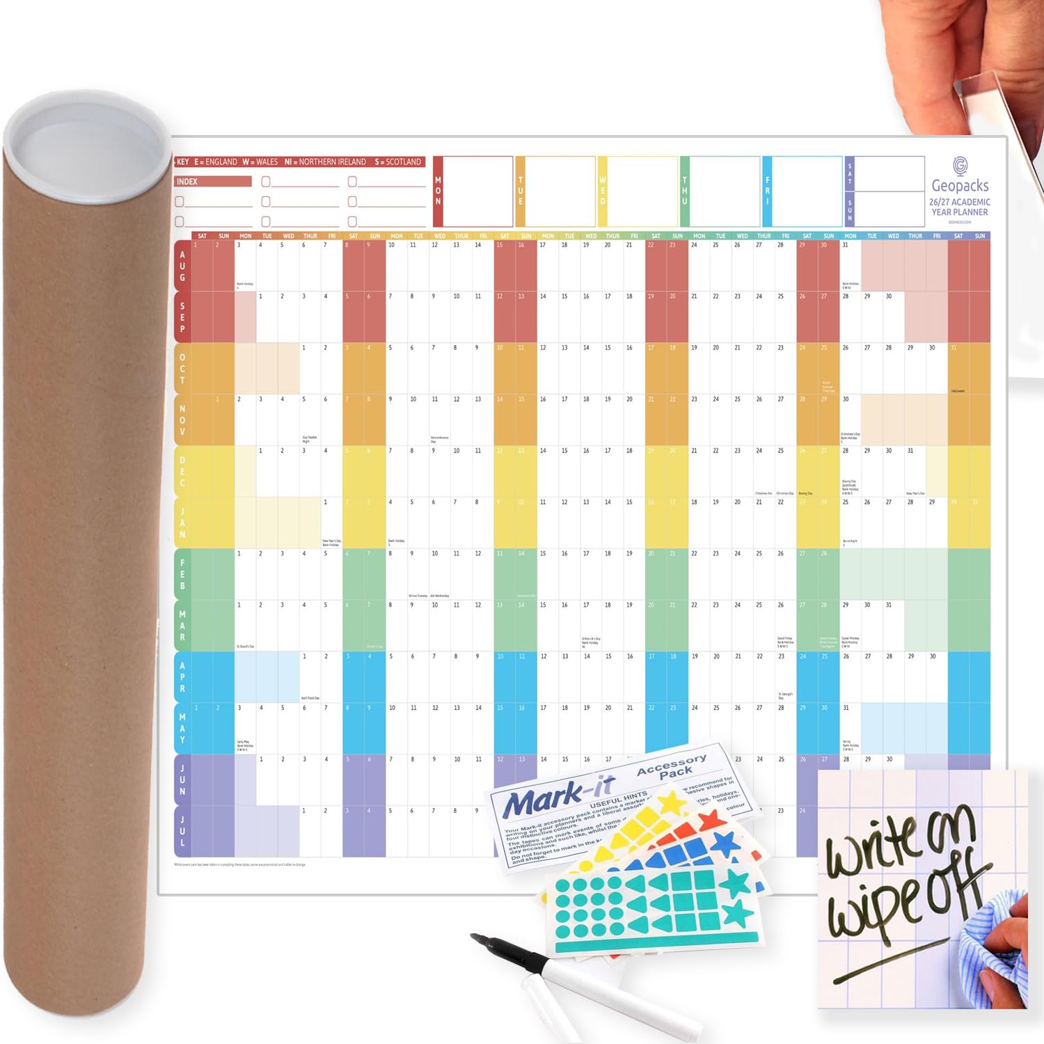 2026–2027 Academic Year Wall Planner | Large Laminated Write & Wipe Calendar (Aug–Jul) | UK Term Dates Included | Extra Large Boxes | Includes Pen, Pins & Stickers | 119 x 93 cm / 61 x 85 cm