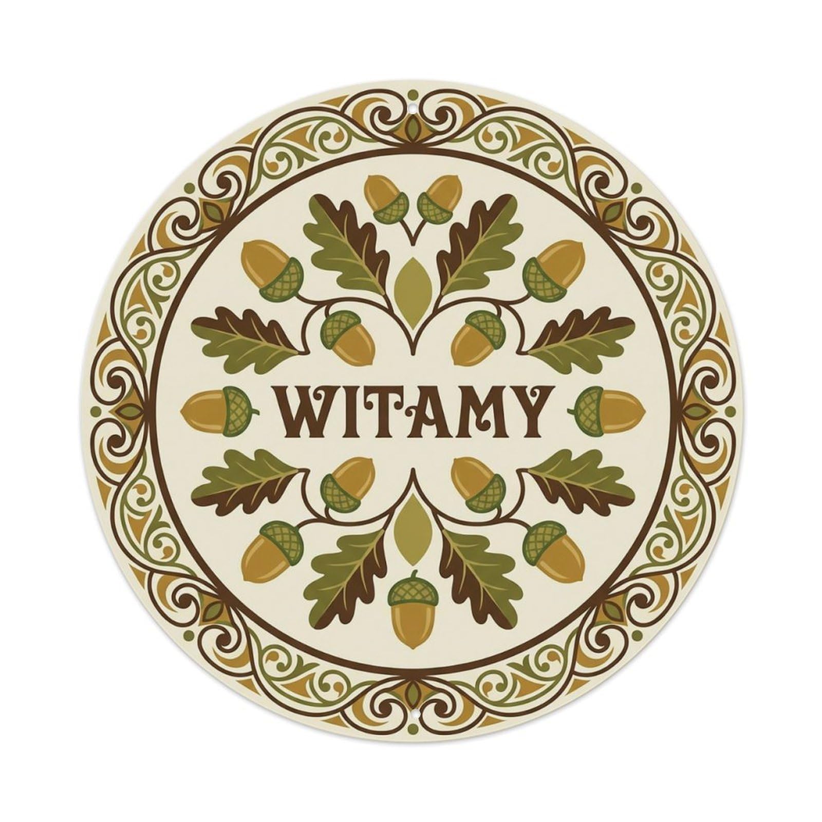 Vintage Polish Folk Art Witamy Welcome Oak Acorn Metal Tin Sign
