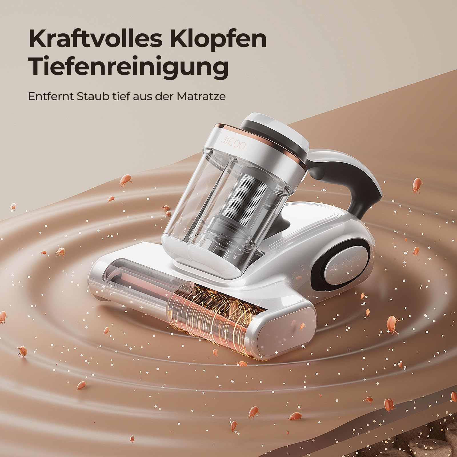 JIGOO J300 Milbensauger mit Staubmilben-Sensor und Intelligenter LED-Anzeige, 500W Milbenstaubsauger mit UV-Licht, Ultraschall, Für Allergiker, entfernt 99,9% Allergene von Matratzen, Betten und Sofas
