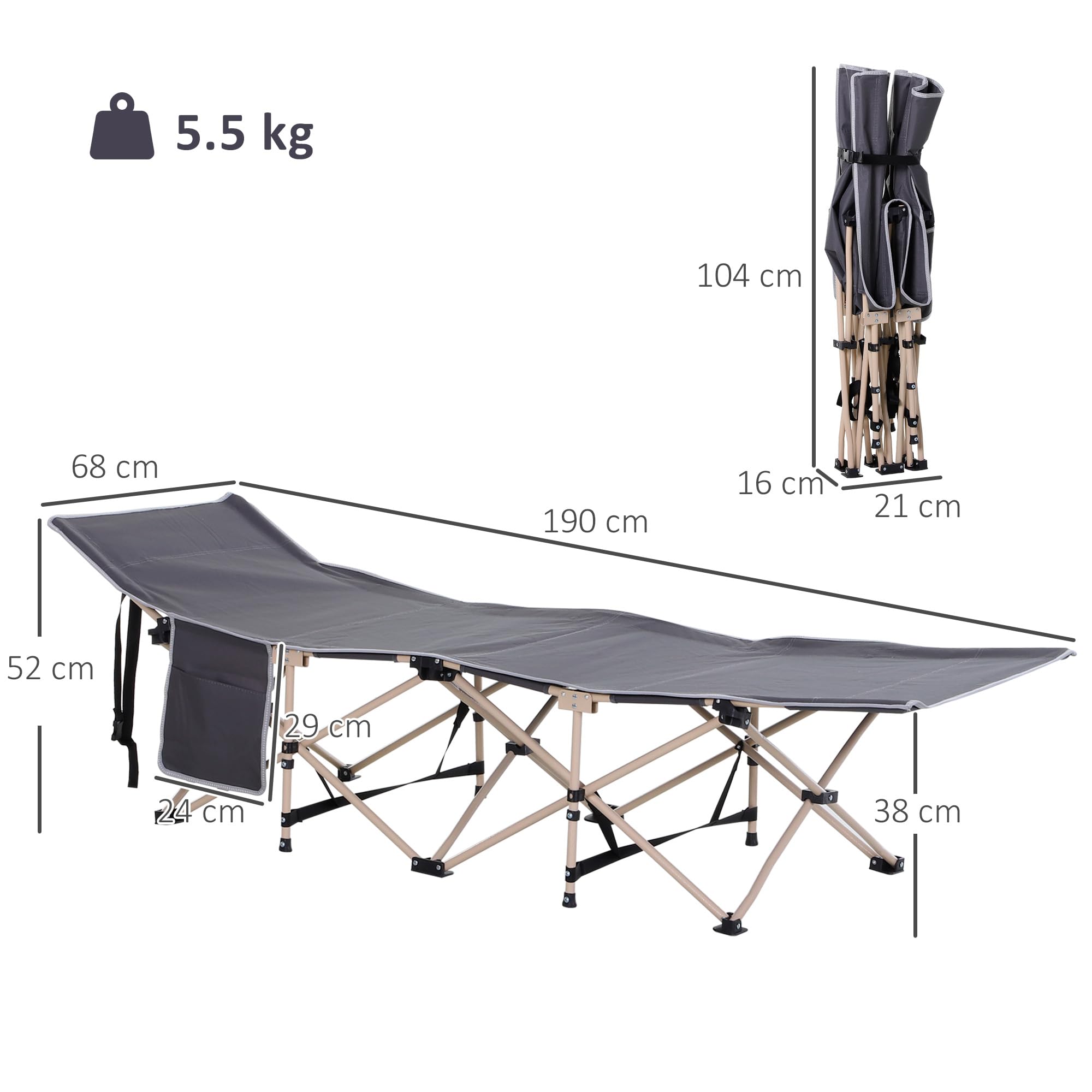 Outsunny Feldbett mit Aufbewahrungstasche, Faltbares Campingbett, Campingliege, INKL. Tragetasche, Stahl Oxford, 190 x 68 x 52 cm