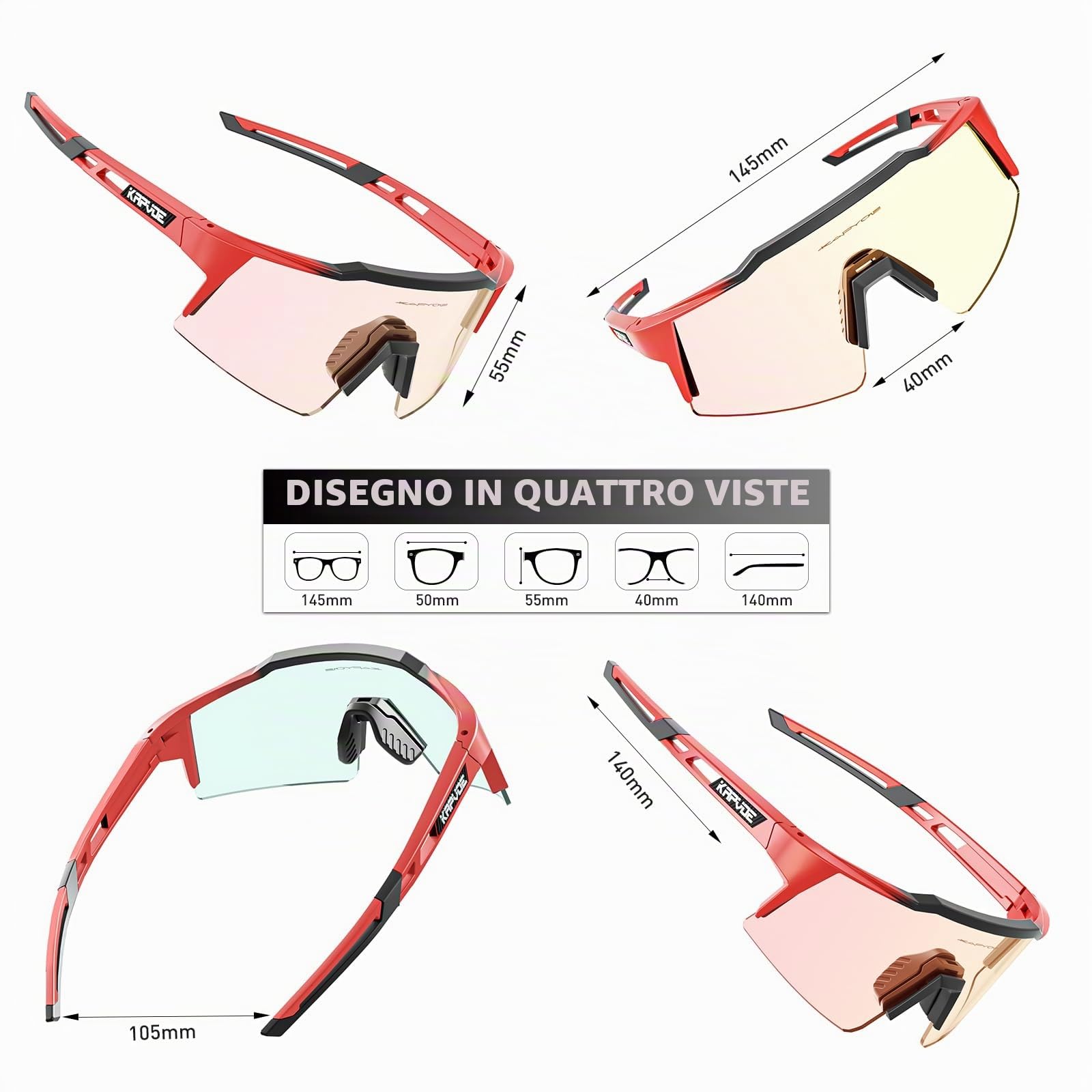 KAPVOE Occhiali da ciclismo fotocromatici UV400 uomo donna TR90 K9023 | Occhiali da ciclismo fotocromatici, UV400 Protezione, Struttura TR90 e supporto interno integrato