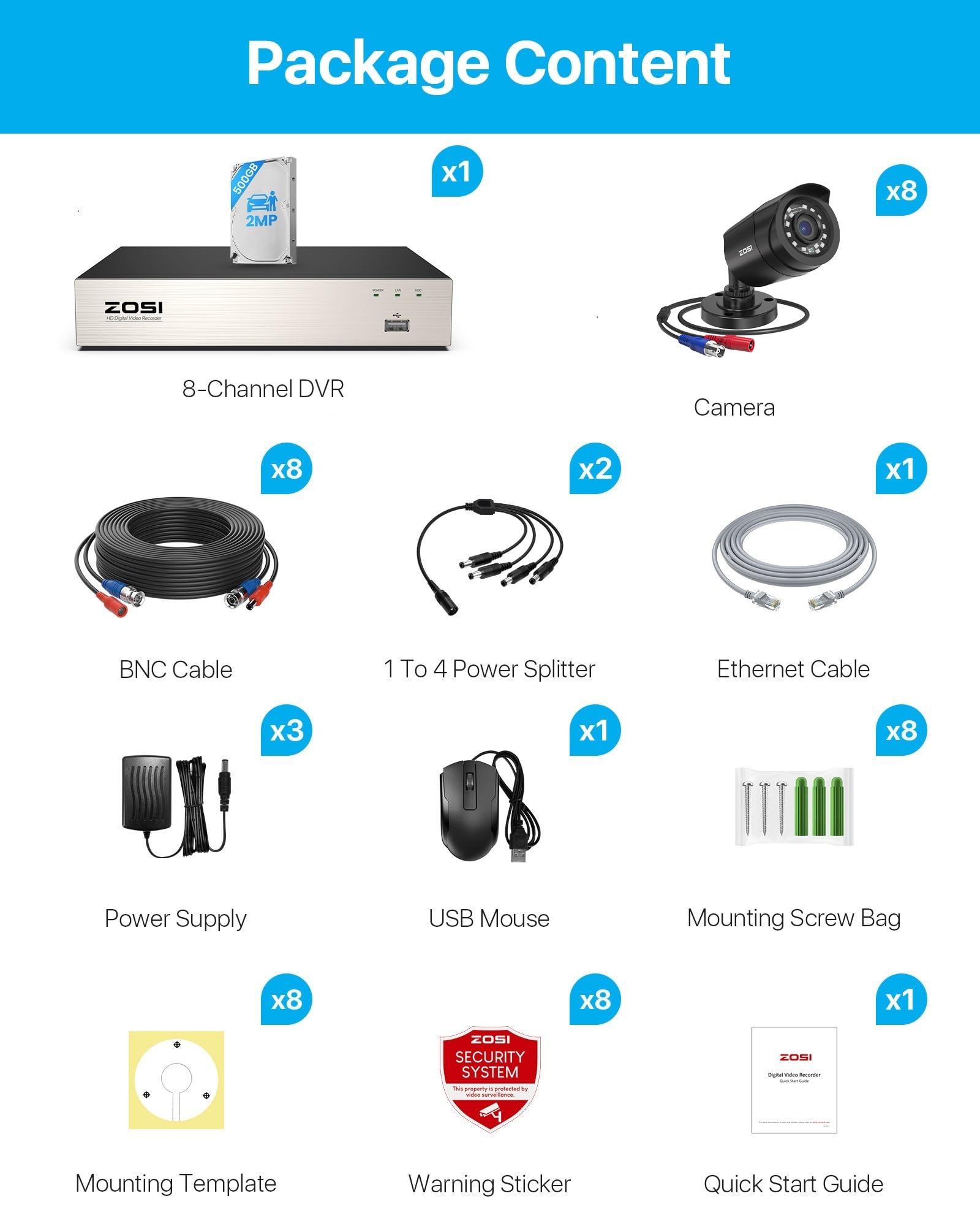 ZOSI 1080P Set Telecamera di Sorveglianza Esterna 8CH 500GB DVR e 8 Telecamere di Sicurezza Video Cablate 1080P per Esterni, Riconoscimento di Persone e Veicoli, Rilevamento di Movimento