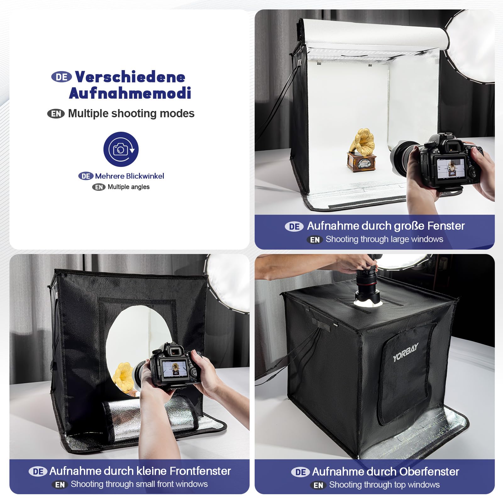 Yorbay Tenda Studio Fotografico 52x52x52 cm Luminosità Regolabile,CRI 95 e Scatola Luminosa a LED Pieghevole Portatile, con 6 Panni Sfondi in PVC (Nero,Bianco,Grigio,Aancione,Rosso,Blu)Riutilizzabile