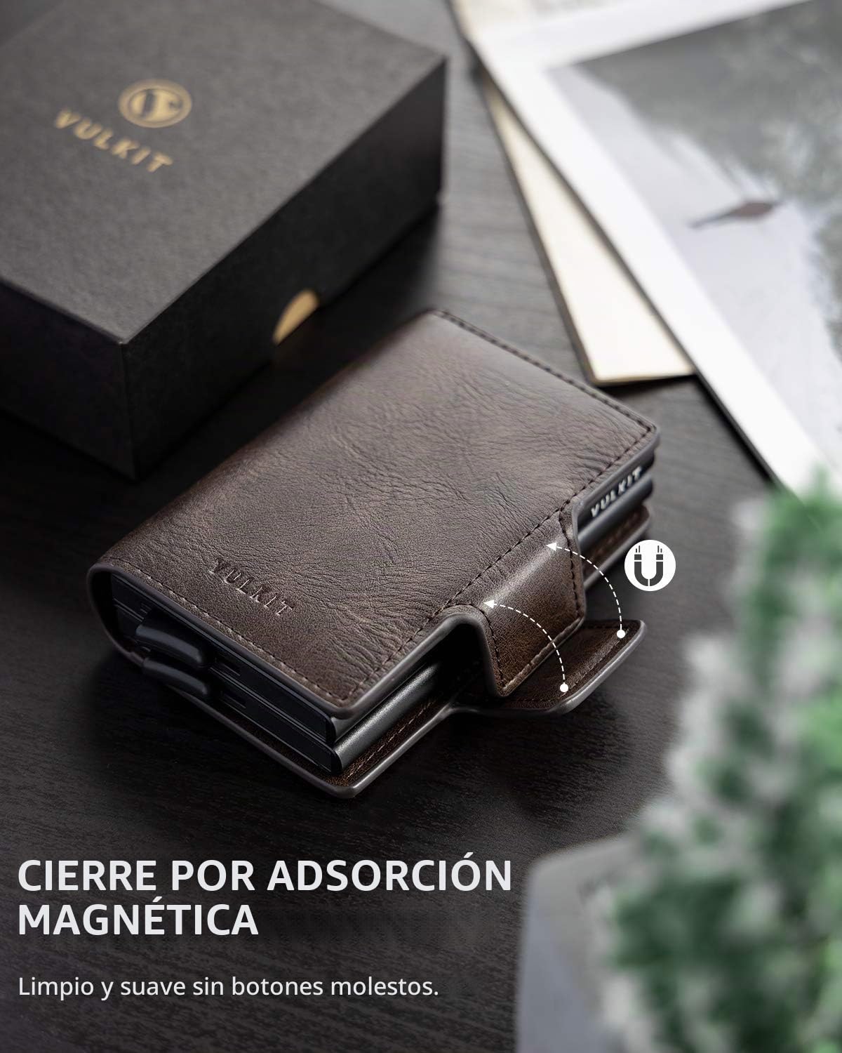 VULKIT Doble Tarjetero y Piel Carteras para Hombre Bloqueo RFID Cartera Tarjetero Hombre con Cierre Magnético Tarjeteros para Tarjetas de Credito, Espresso