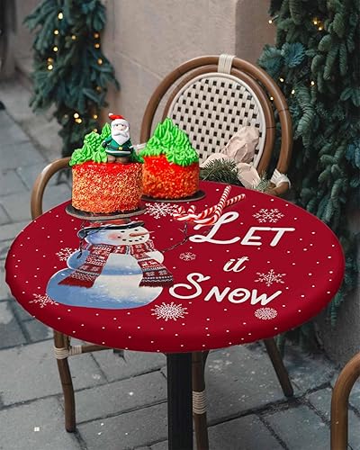 Miniatura 8 de Mantel redondo ajustable con diseño de muñeco de nieve de dibujos animados para mesas de comedor, mantel con bordes elásticos, para Navidad, copos