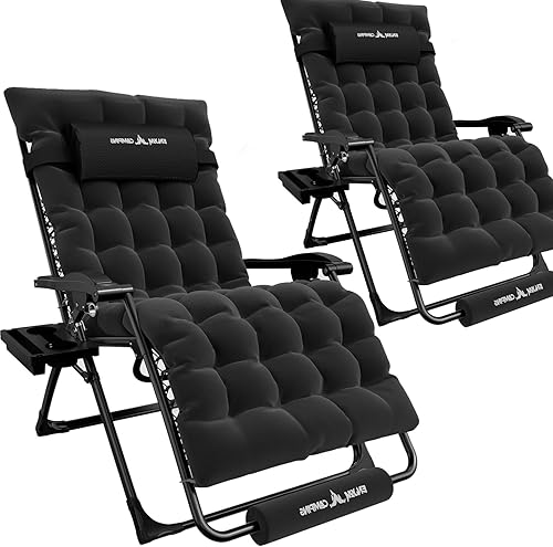 Amopatio Silla de gravedad cero de gran tamaño con cojín, silla de patio reclinable XL plegable para exteriores con bandejareposapiésreposacabezas