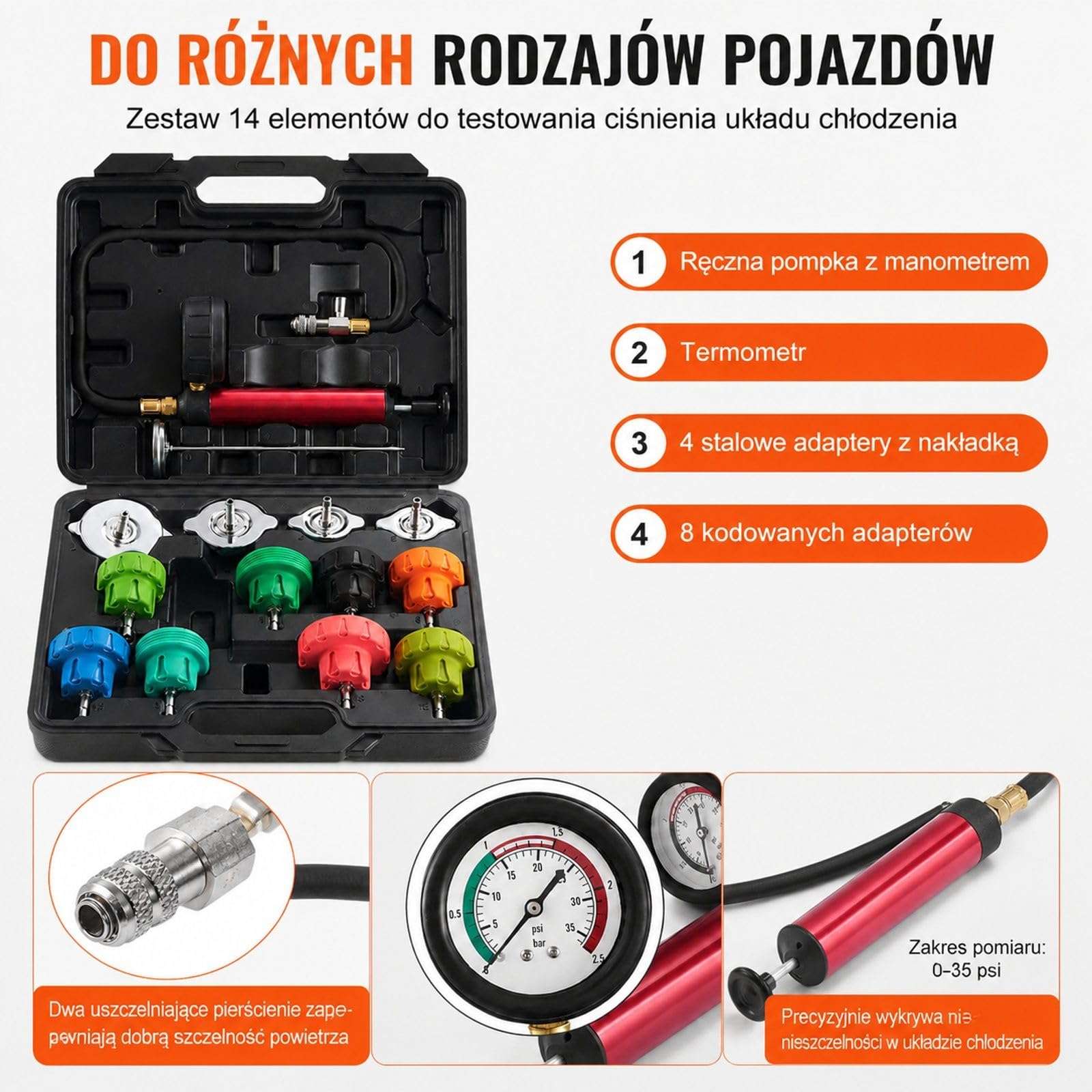 14-częściowy zestaw do testowania ciśnienia płynu chłodniczego z termometrem, 4 metalowymi adapterami i 8 korkami, urządzenie do napełniania oraz odpowietrzania chłodnicy