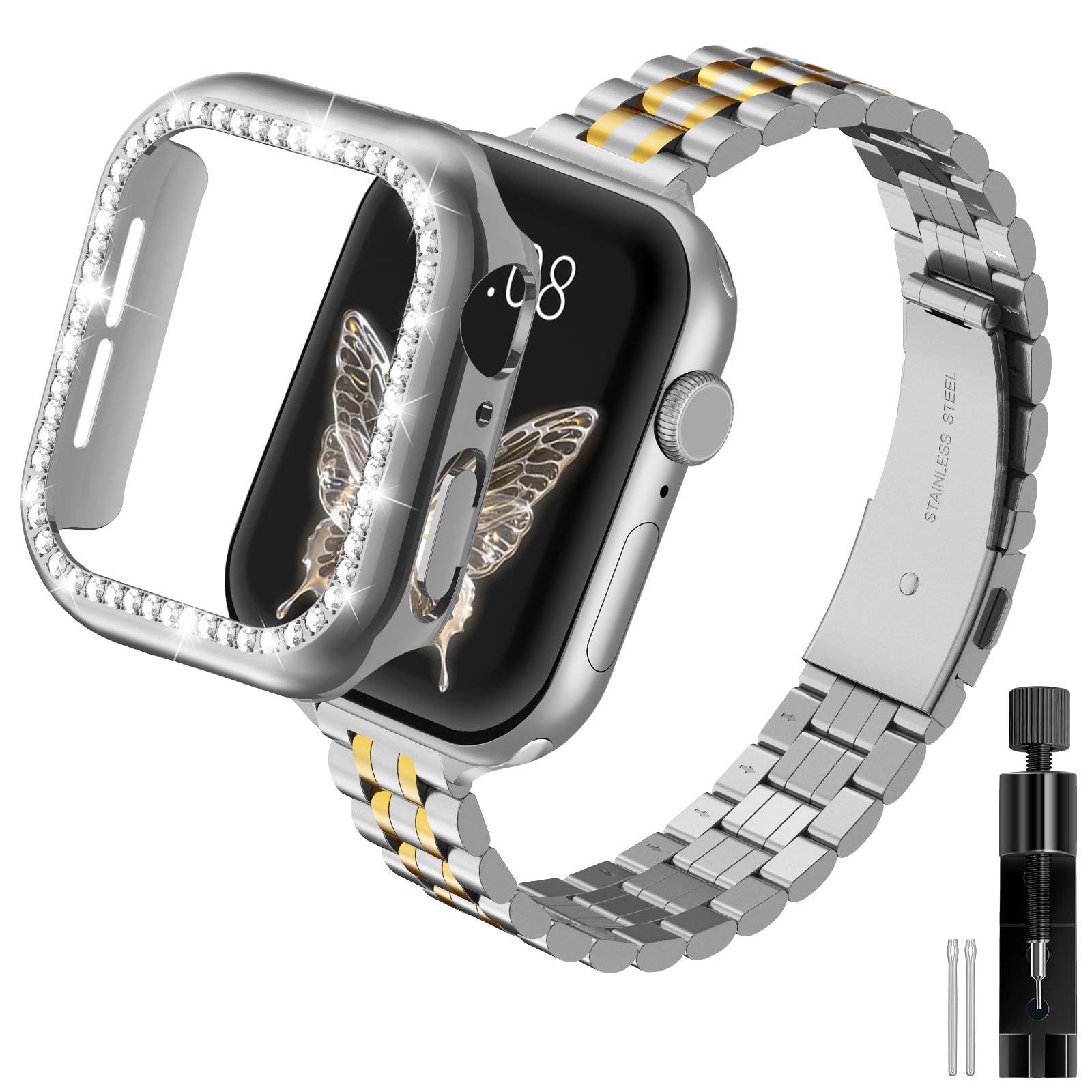 Gold Solid Stainless Steel Metal Band Compatible Apple Watch 45mm 44mm 42mm 41mm 40mm 38mm, Bling Diamond Case for iwatch Strap Bands for Women & Men