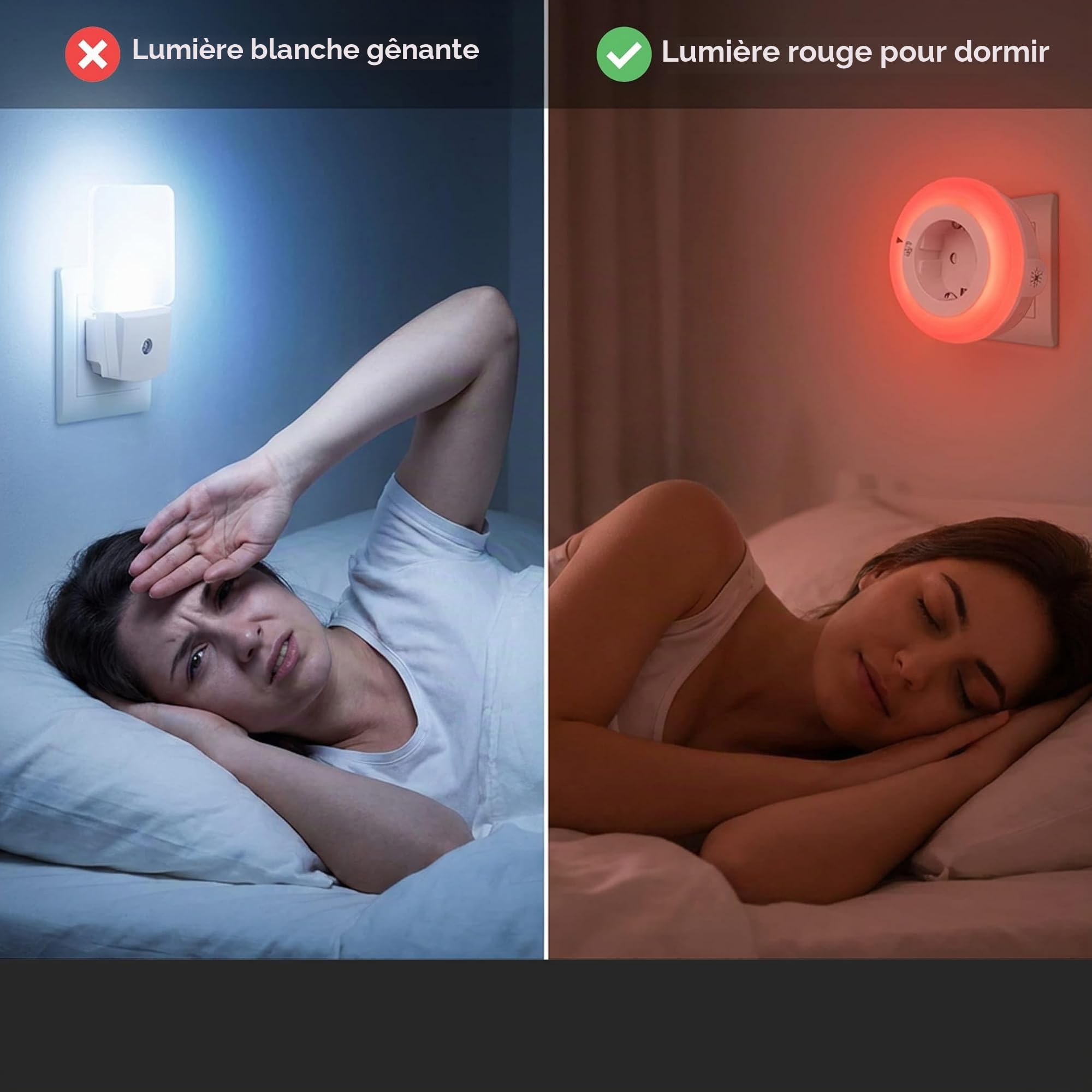 Veilleuse Rouge Mélatonine Prise Électrique – Capteur Lumière Automatique – 0% Lumière Bleue – Luminosité Réglable – Sommeil, Bébés et Allaitement – ON/AUTO/OFF – Pack 2