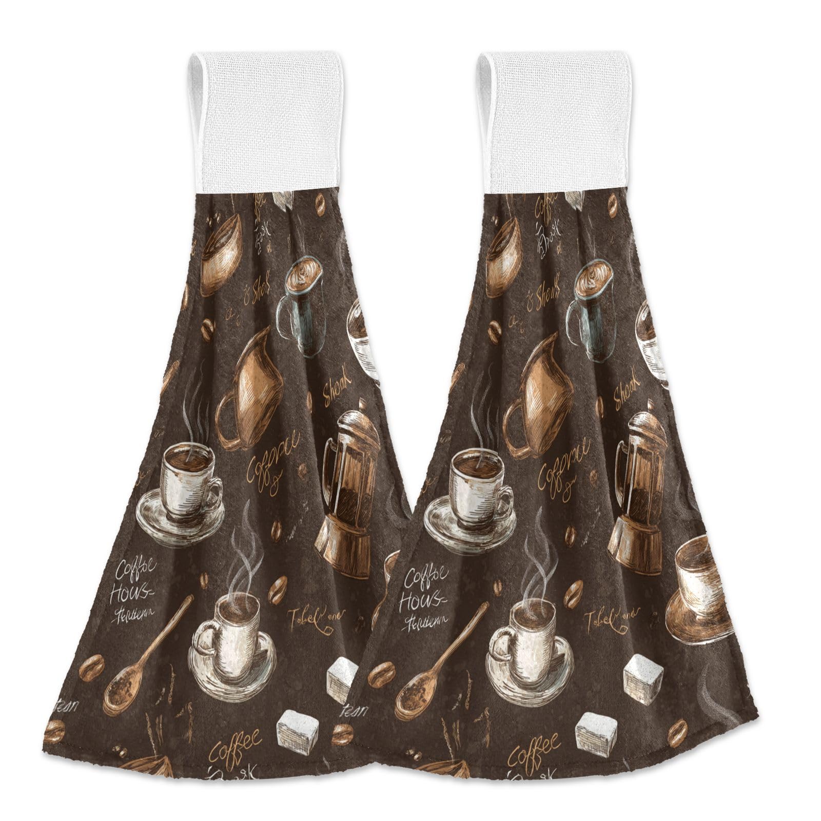 Dussdil Tea Coffee Beans Theme Kitchen Hanging Towel Cafe Hand Tie Towels Set 2 Pcs Tea Bar Dish Cloths Dry Towel Soft Absorbent Durable for Bathroom