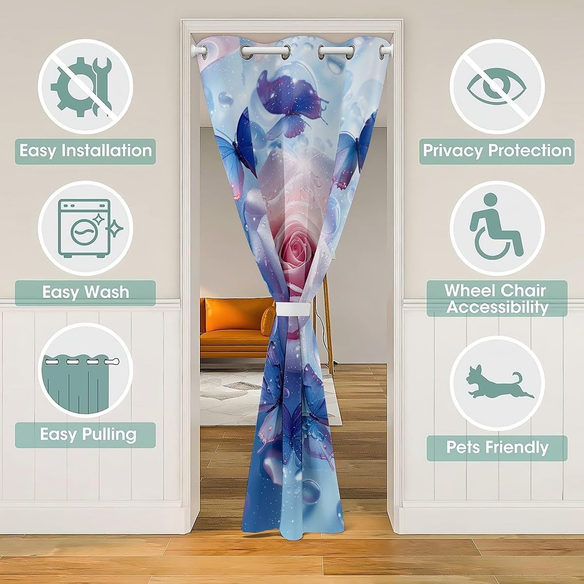3D Watercolor Rose Butterfly Door Curtain for Privacy,Dreamy Pink Floral Luxury Pearls Room Divider Blackout Curtain 1 Panel,60"W X 80"L,Happy Valentine's Day Room Decor Blackout Curtain for Kids