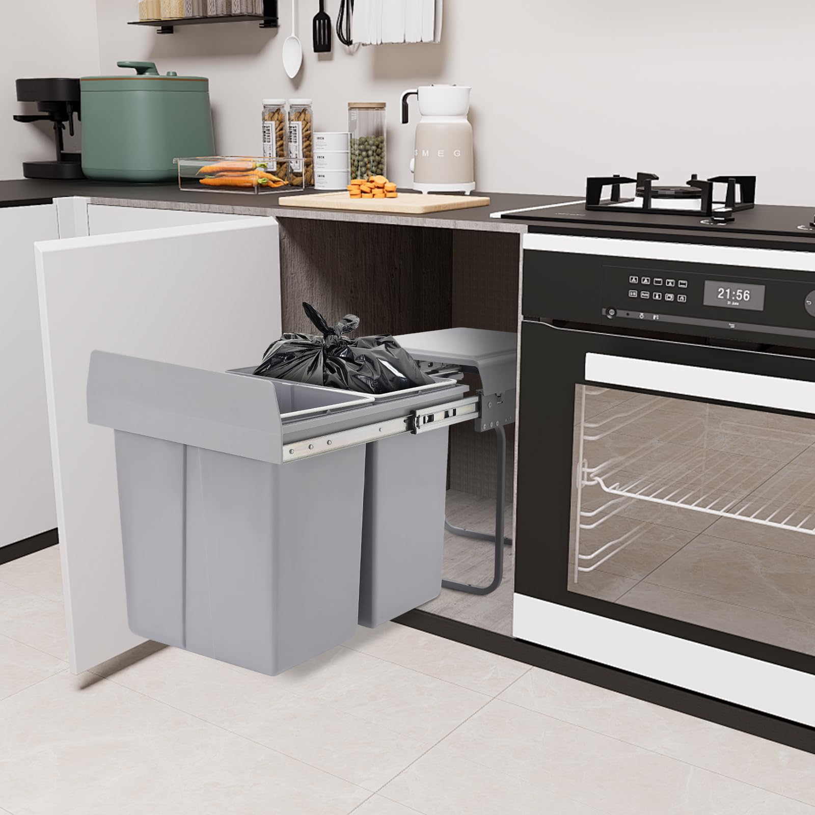 Cubo de basura de cocina de 40 L, extraíble, con 2 cubos, antideslizante, para hogares, restaurantes, cafeterías, oficinas, baños, cocinas, ahorradores de espacio debajo del armario