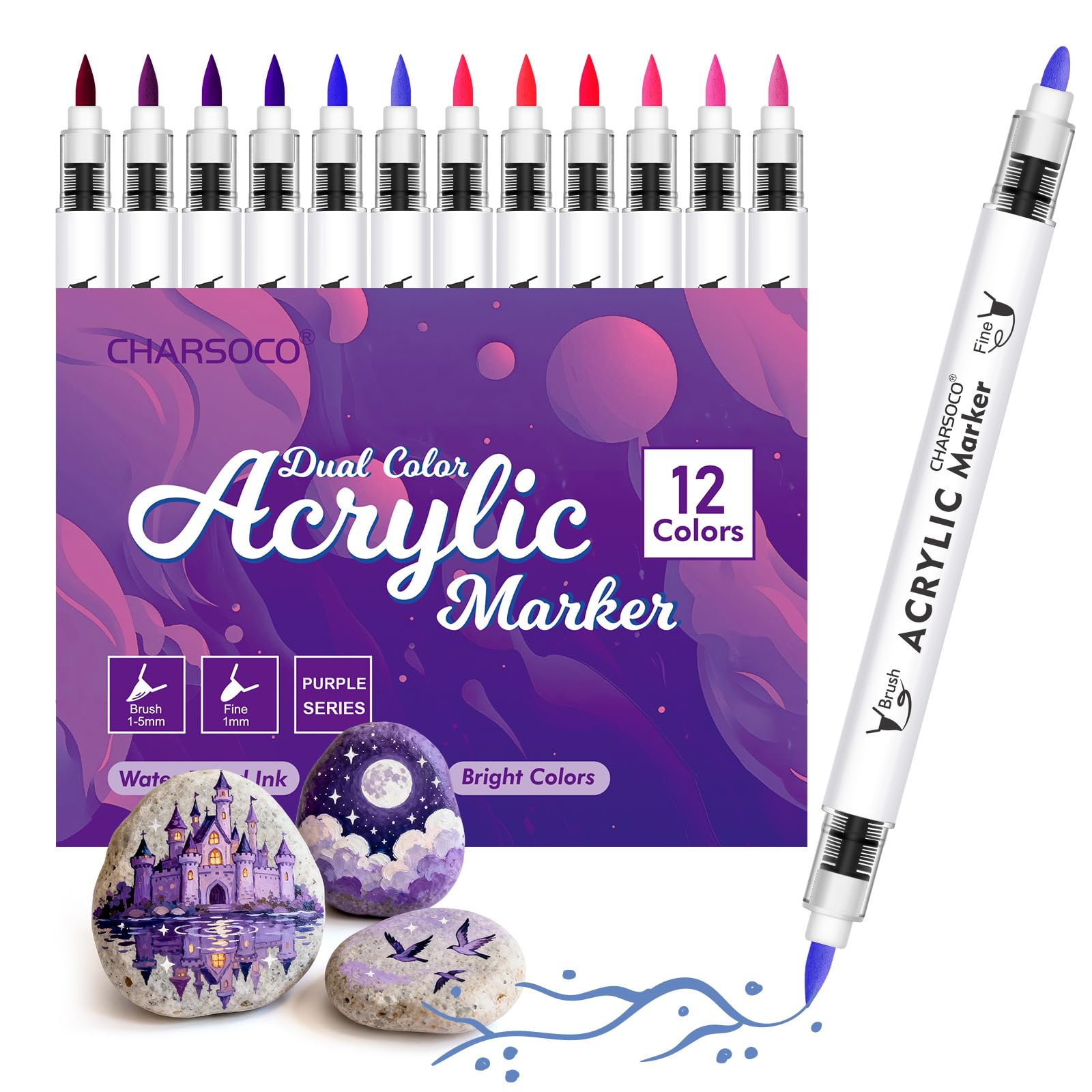 CHARSOCO Acrylic Paint Pens, 12 Colours, Dual Tip Brush and Bullet, for Wood, Glass, Ceramic, Canvas, Stone, DIY Crafts