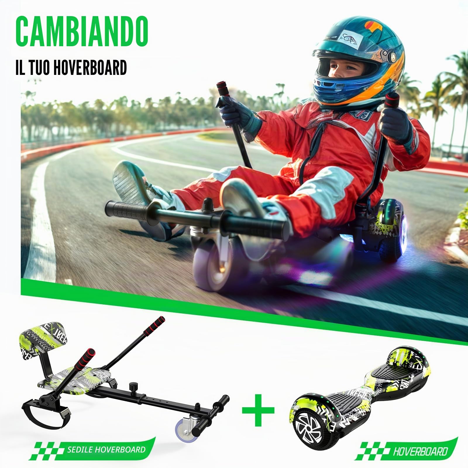 SISIGAD Hoverboard, fissaggio del sedile per scooter combo con luci LED corlorful Bluetooth, lunghezza del telaio regolabile per bambini
