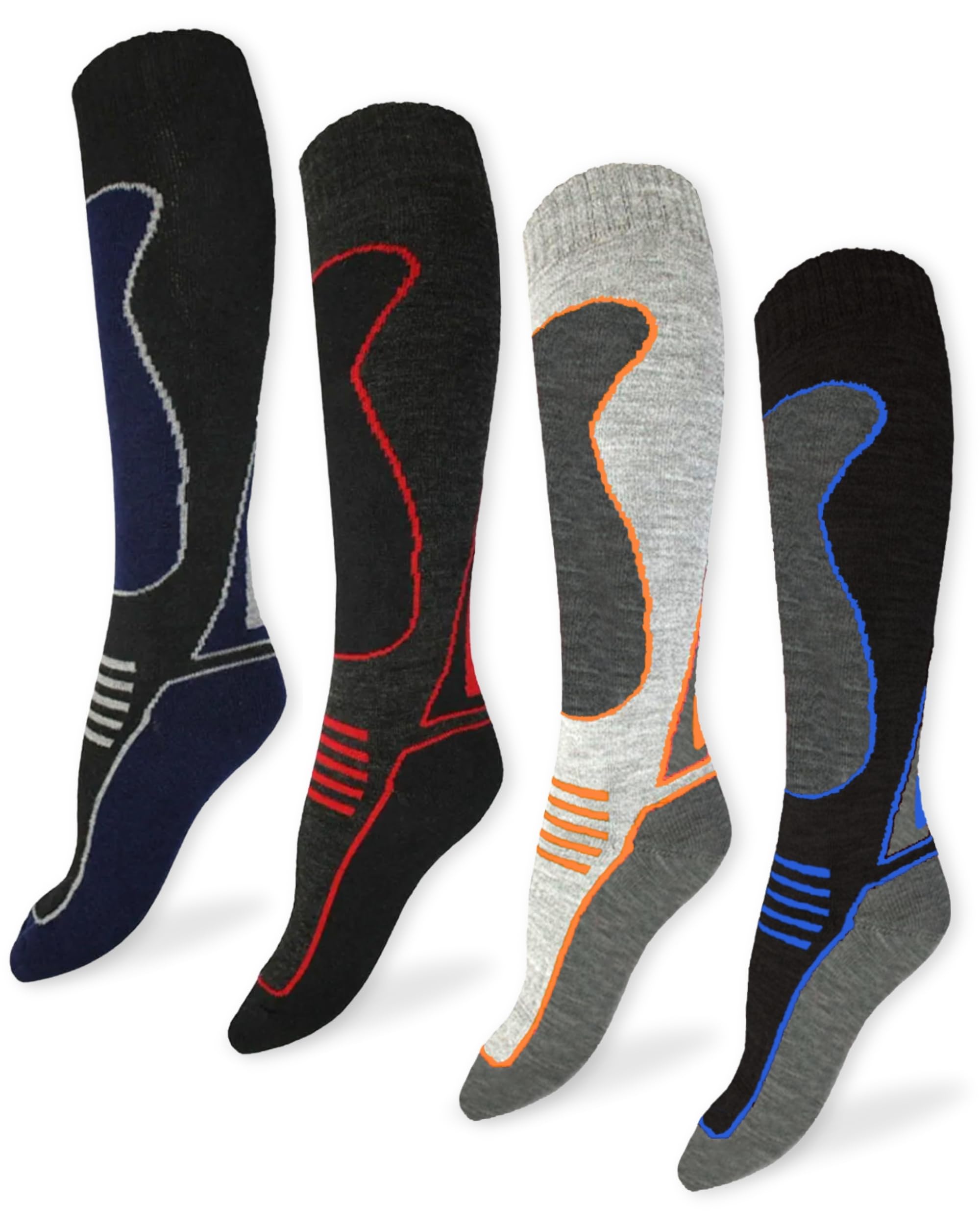 Threadco Men's Dark Mix Ski Socks - Long Thermal Socks For Skiing, Snowboarding, Walking - Anti-Blister High Performance Winter Socks - 4 Pk - Dark Mix - Size Uk 6-11