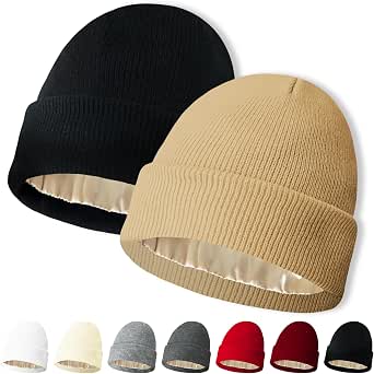 Satin Lined Winter Beanie Hats for Women Unisex Cotton Knitted Cuffed Knit Hat with Silky Lining Slouchy Skull Cap Black in Kenya | Skullies & Beanies