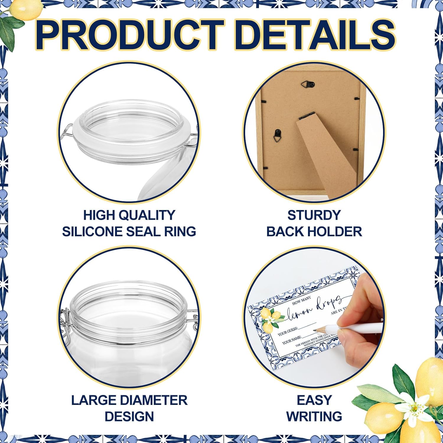 Leelosp 114 Pcs Capri Lemon Guess How Many Lemon Drops Bridal Shower Games Amalfi Coast Italian Wedding with Wooden Photo Frame Riddle Cards Plastic Jar HB Pencils for Bridal Wedding Shower Favors