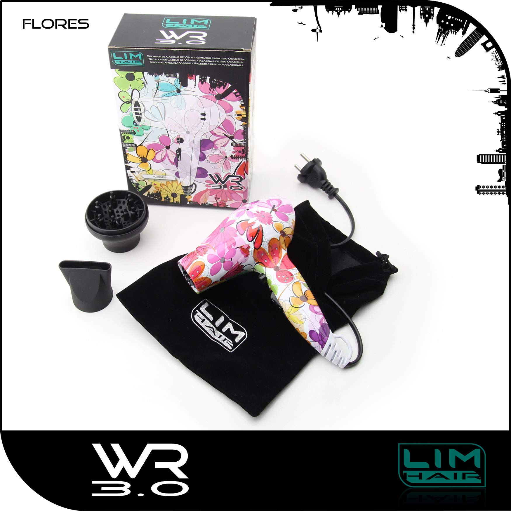Secador de cabello LIM HAIR WR 3.0 para viaje, gimnasio o para cada día. 1200 W, boquilla, difusor y bolsa incluida. Tamaño reducido mini. Secador o W'21 PACK (FLORES, SECADOR)
