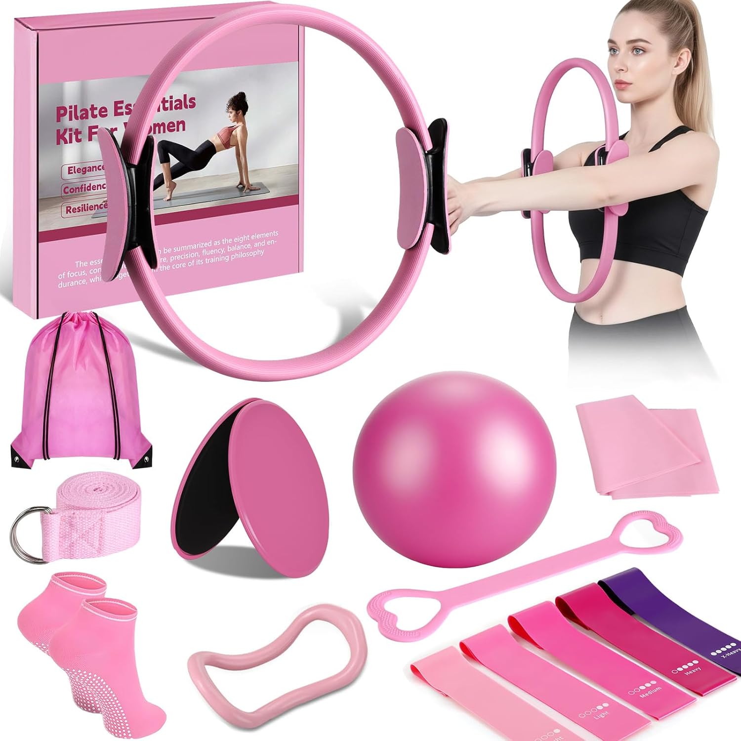 hotqueen 14 PCS Pilates Kit, Home Pilates Workout Kit for Women, Pilates Equipment with 14.9" Pilates Ring and Ball, Resistance Bands, Sliders & Grip Socks Accessories for Starter Home Workouts(Pink)