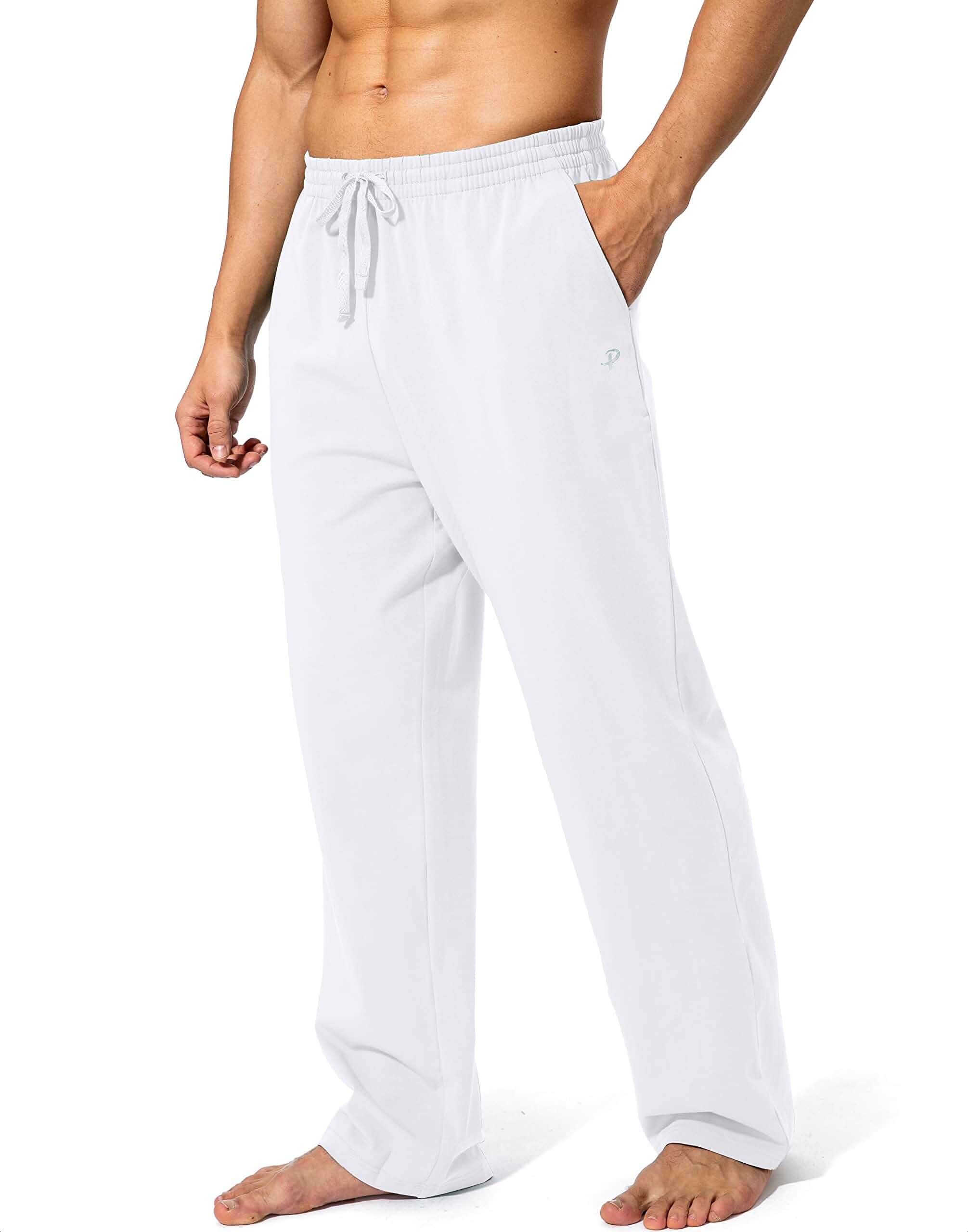 Pudolla Men's Cotton Yoga Sweatpants Athletic Casual Pants with Pockets Lounge Pants Open Bottom Jersey Pants 4 way stretch soft Elastic Waist with Drawstring