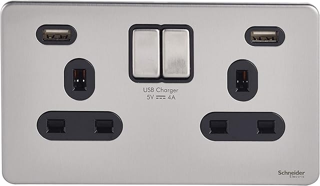 Schneider Electric Ultimate Screwless Flat Plate - Switched Double Power Socket, with USB Charging Ports, 13A, GGBGU3424DBSS, Stainless Steel with Black Insert