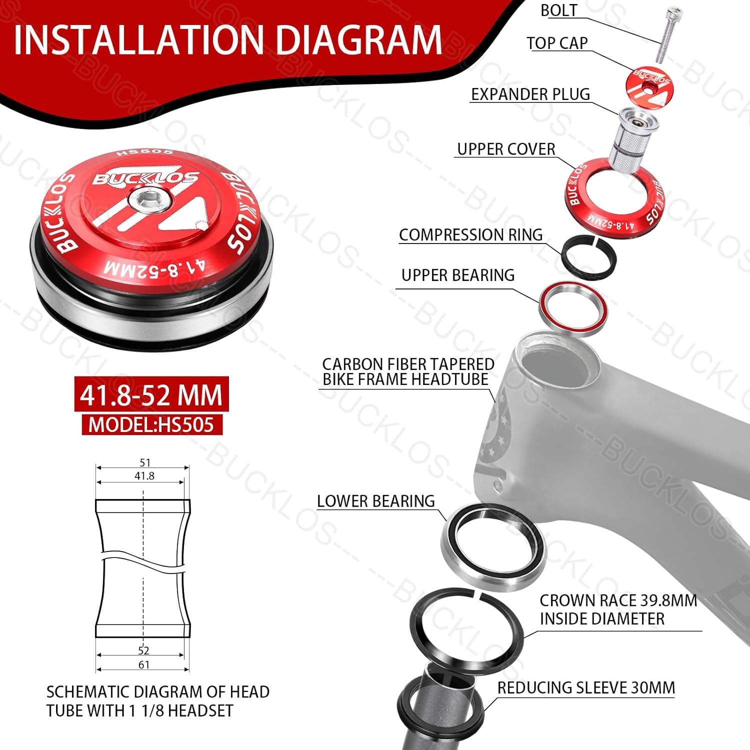 BUCKLOS 1-1/8 Bike Headset Threadless 34-34mm Red & Bike Headst Press-in Tool, Bottom Bracket Install Tool Kit, Bearing Press Tool