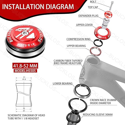 Miniatura 2 de BUCKLOS 1-18 Auriculares para bicicleta MTB sin rosca 34 44 44-50.6 44-55 44-56 1.646-2.047 in, tubo cónico recto para bicicletas de montaña,
