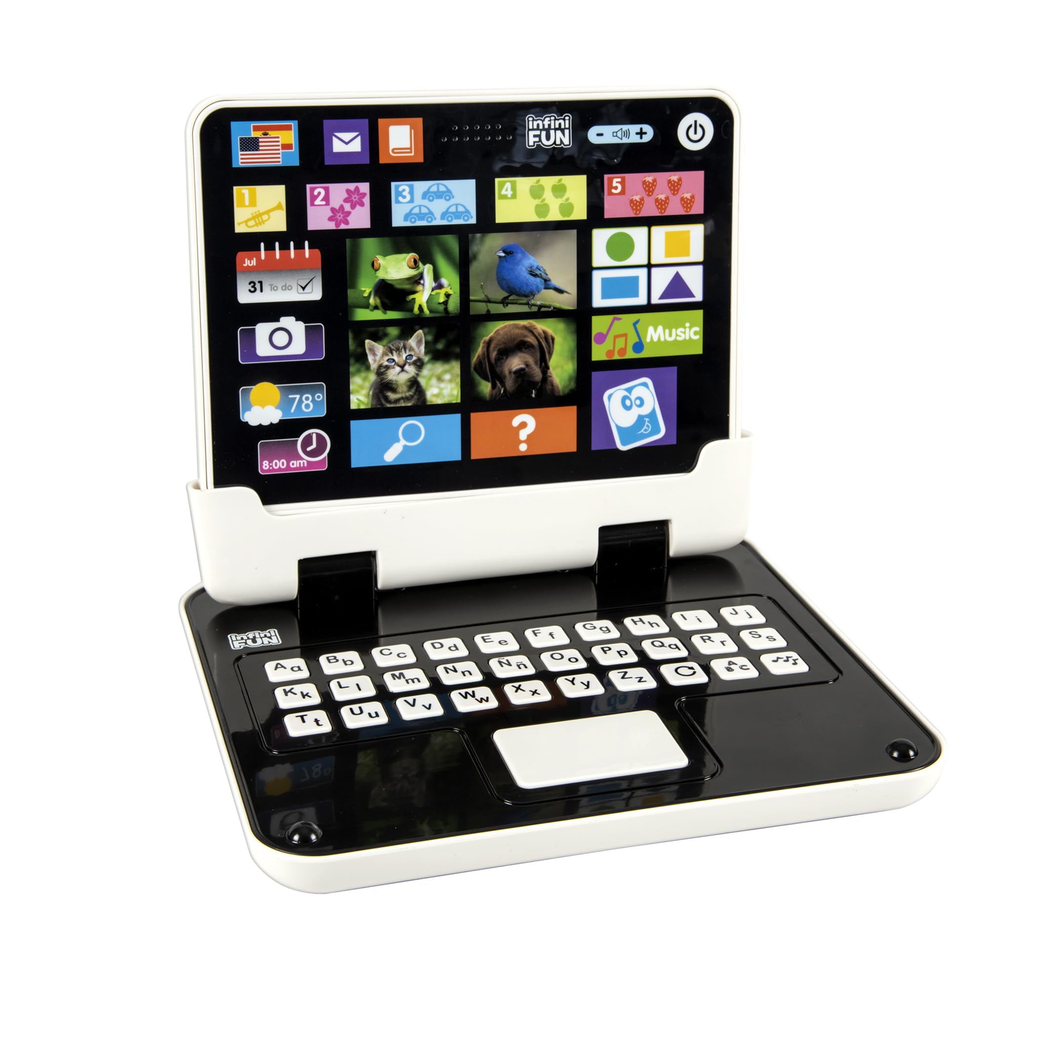 Infini fun My First 2-in-1 Bilingual Tablet, English & Spanish Interactive Learning Toy for Ages 2+, Detachable Keyboard, Learn Alphabet, Numbers, Colors, Shapes, Plug & Play Realistic