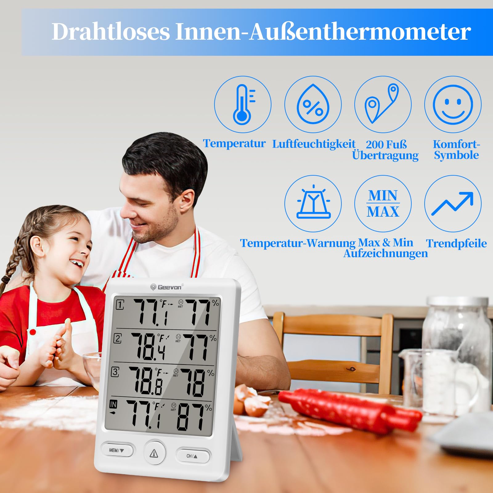 Geevon Thermometer Innen Außen mit 3 Fernsensoren, Hygrometer Digital, Temperatur und Luftfeuchtigkeitsmesser mit 60M/200FT Reichweite (228646 Weiß ohne Batterie)