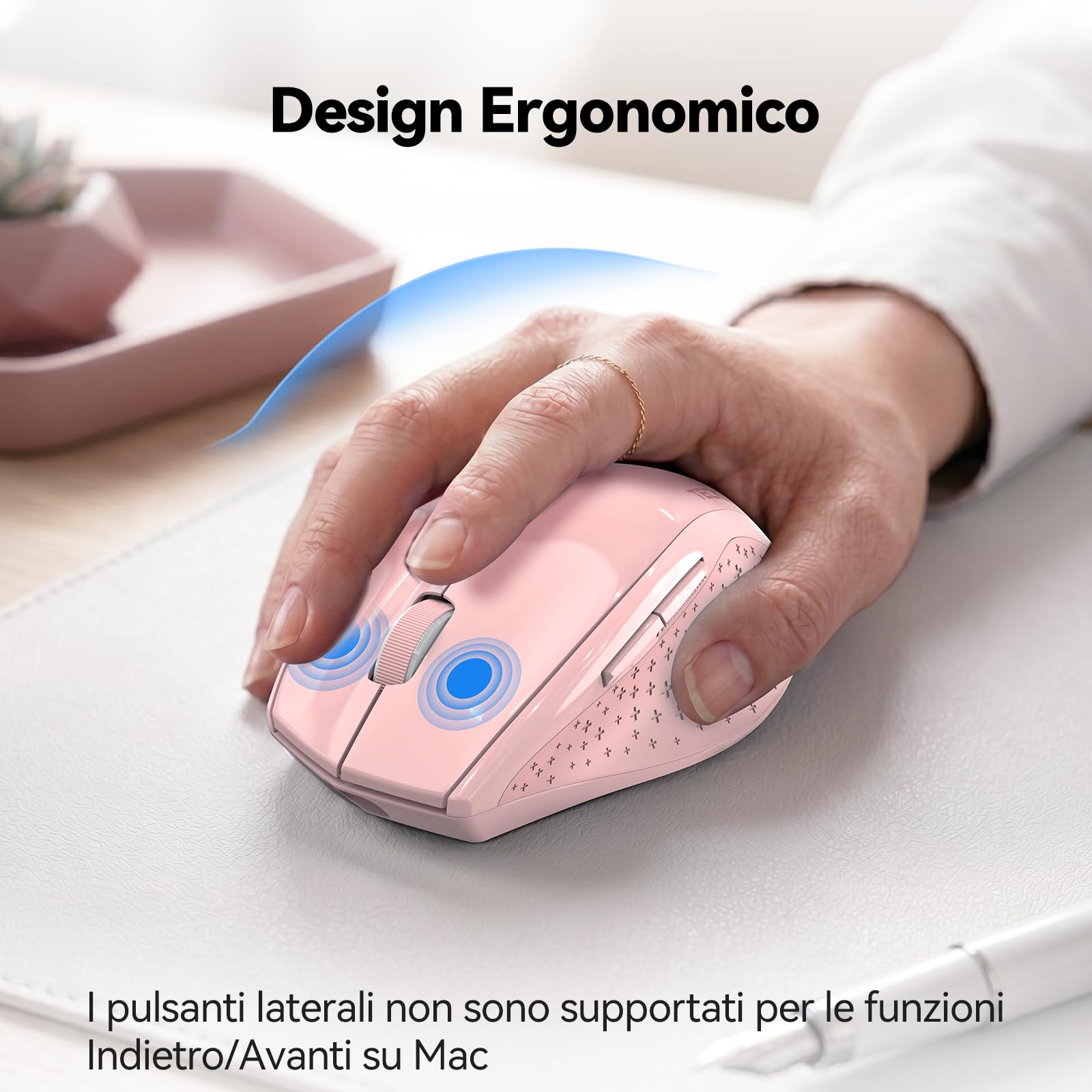 TECKNET PRO Mouse Bluetooth Ricaricabile (2BT5.0+2,4GHz), Mouse Wireless (Rosa)
