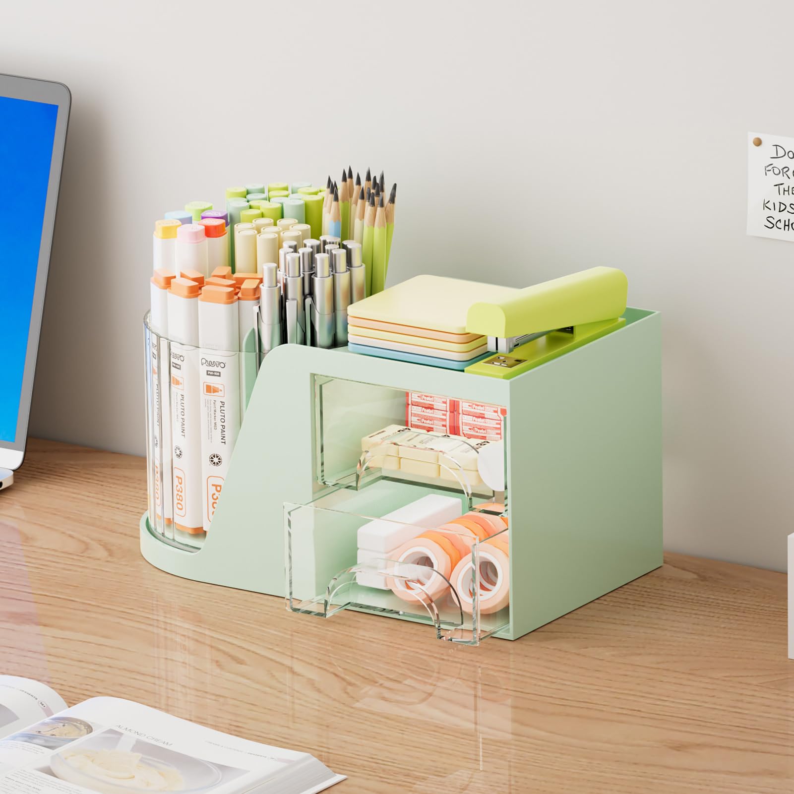 Marbrasse Organizer da Scrivania,360 Gradi Porta Penne Girevole per Organizzatore da Scrivania con Cassetti,Matite,Scatola Porta Oggetti per Forniture Ufficio Casa Scuola(Verde)