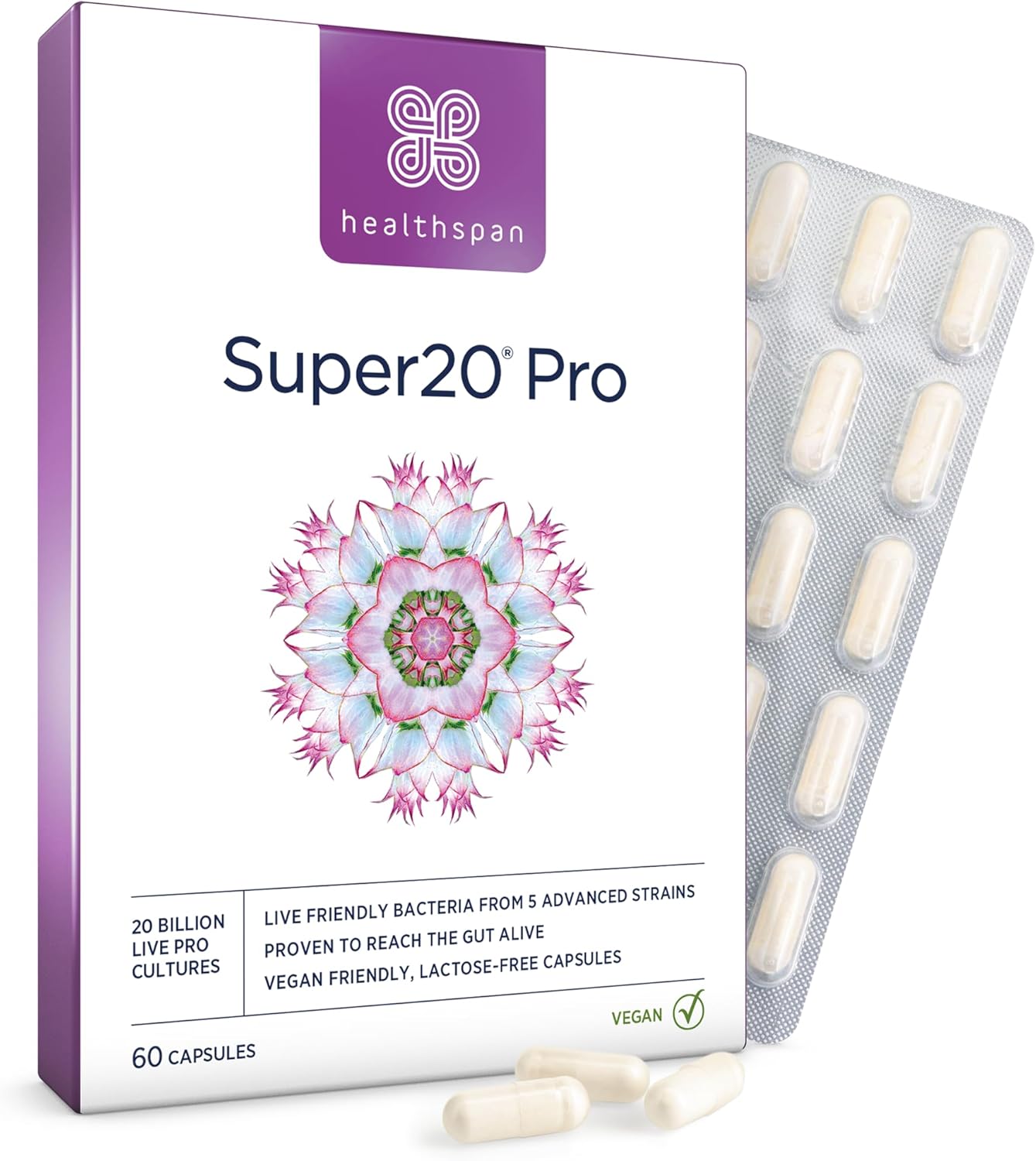 Healthspan Super20 Probiotics Supports a Healthy Gut (120 Capsules) | Probiotic with 20 Billion Live Friendly Bacteria | from Five of The Best strains | Promotes Friendly Bacteria in Your Gut | Vegan