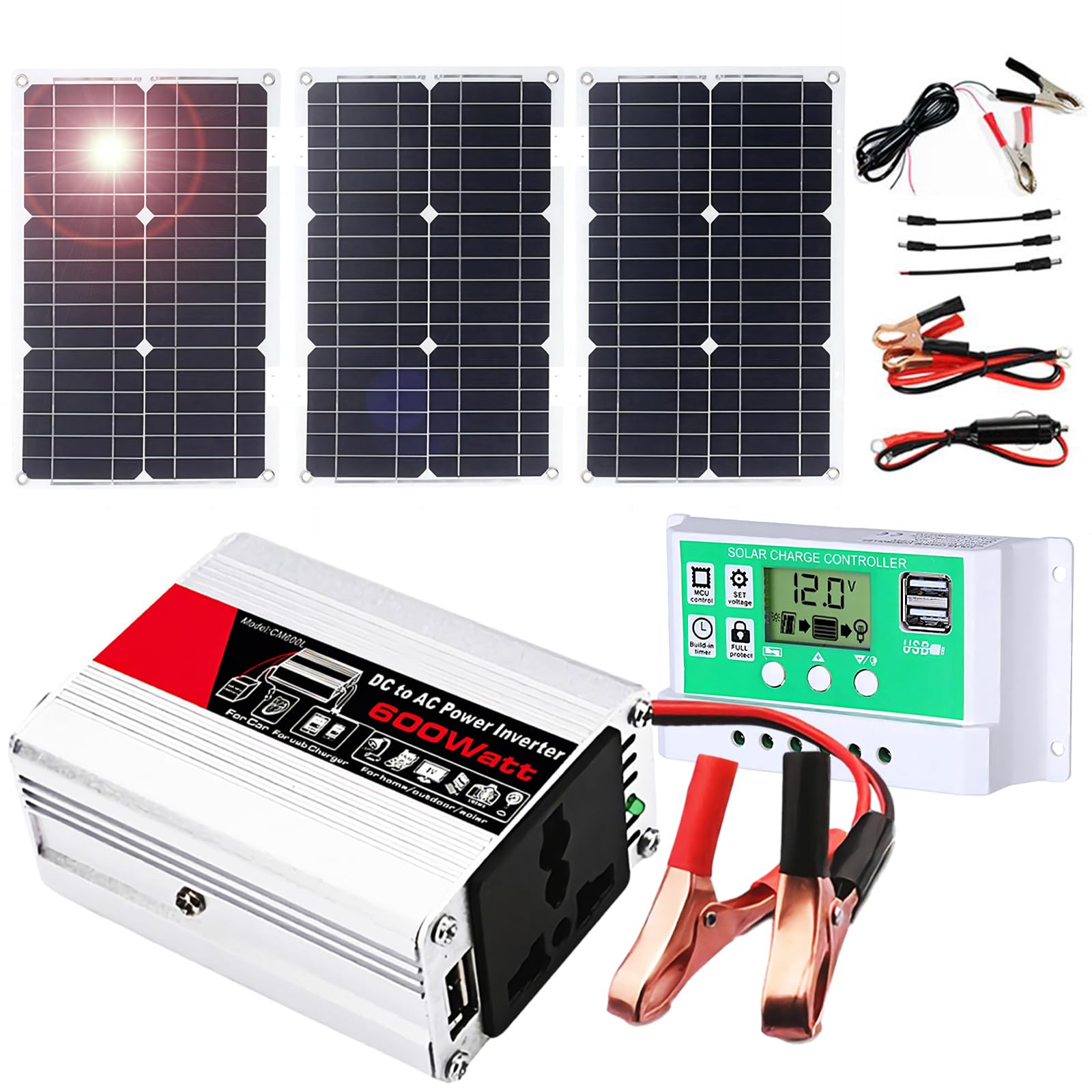 Zestaw regulatora ładowania słonecznego 50 A – falownik 600 W i monokrystaliczny panel słoneczny 18 V do kempingów, kamperów i łodzi(75W)