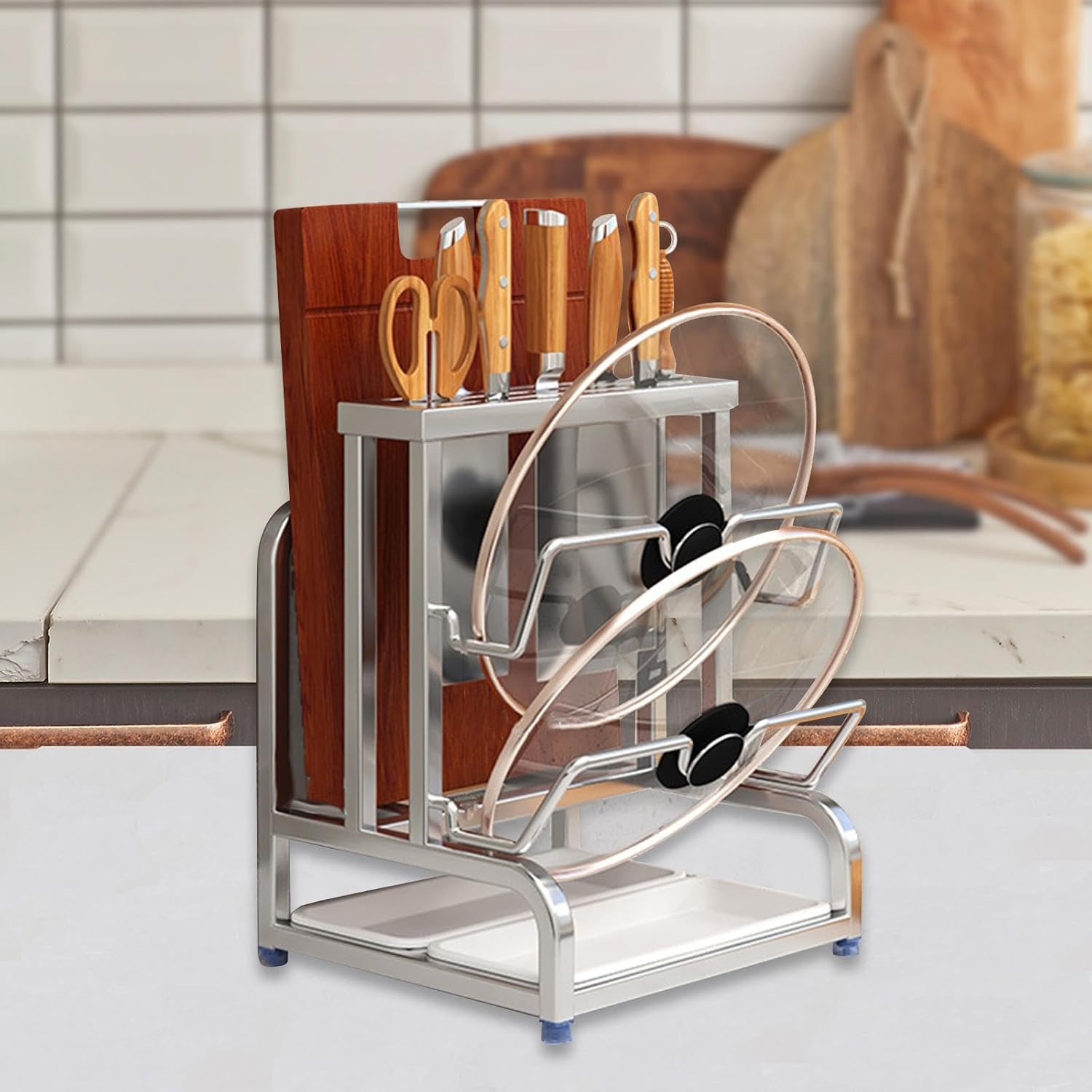 Cutting Boards, Knife Organizer, Pot/Pan Lid Holder, Countertop Storage Rack, Kitchen Utensil Holder for Countertop Cabinets, 2 Layer