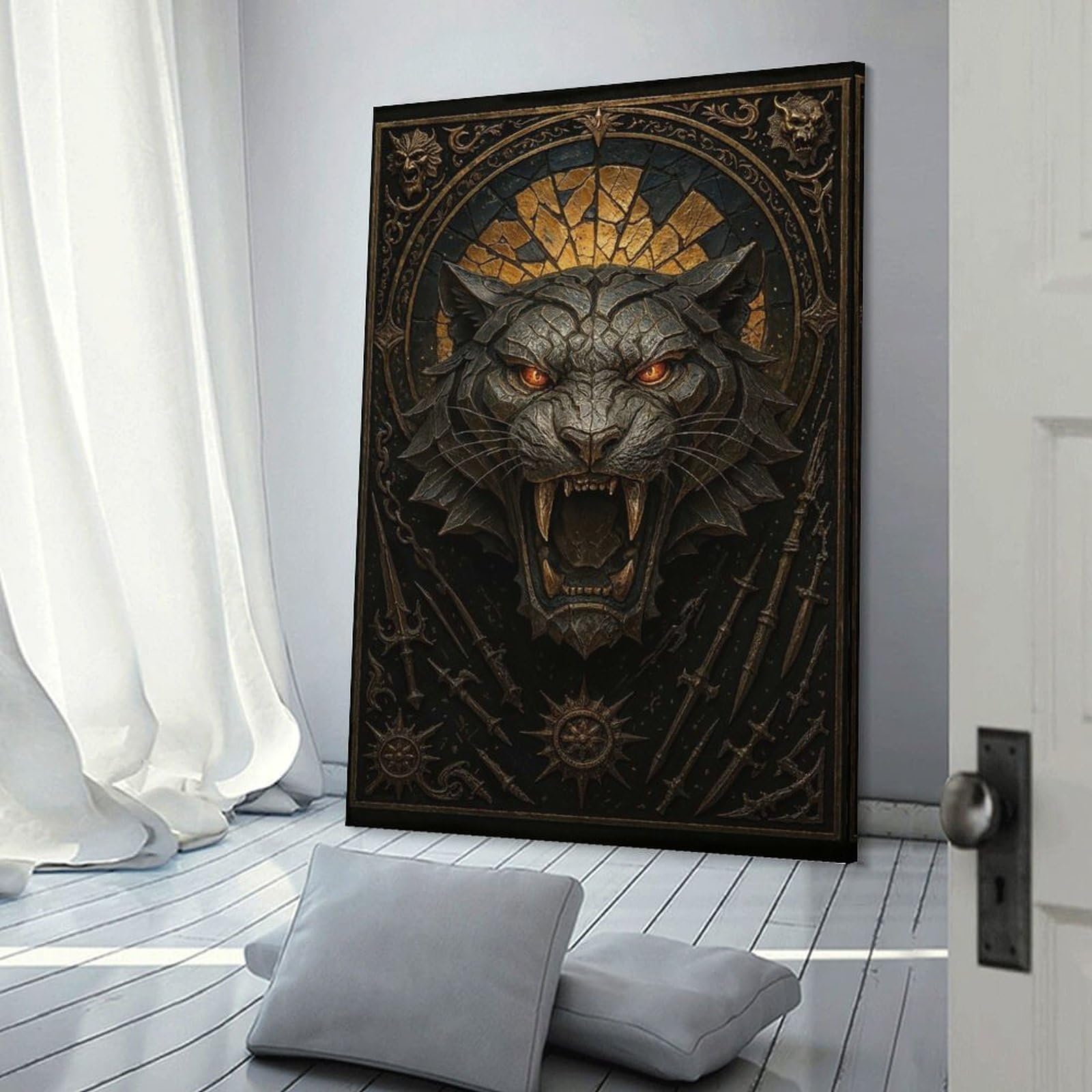 Junmoney Roaring Tiger – Gothic Metal Fantasy Beast Canvas Wall Decor, 24x36inch(60x90cm), for Home Lounge, Bedroom Or Reading Nook, Modern Wall Decor for Cosy Interiors