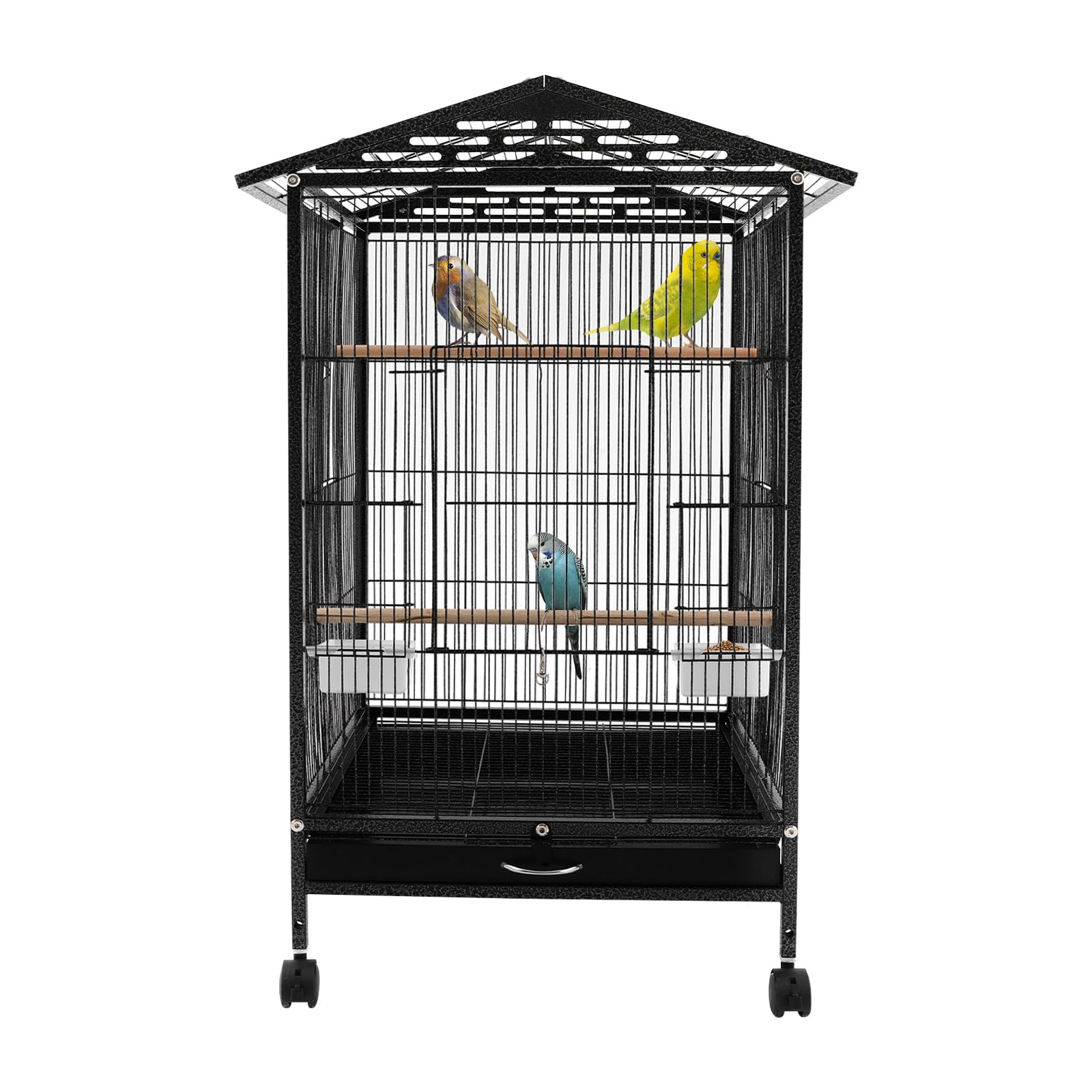 Gran jaula para pájaros, extra grande, con malla espaciosa, con 3 colgadores y bandeja para suciedad, jaula para ondulados, jaula con ruedas, comedero y bebedero, 46 x 46 x 86 cm (negro)